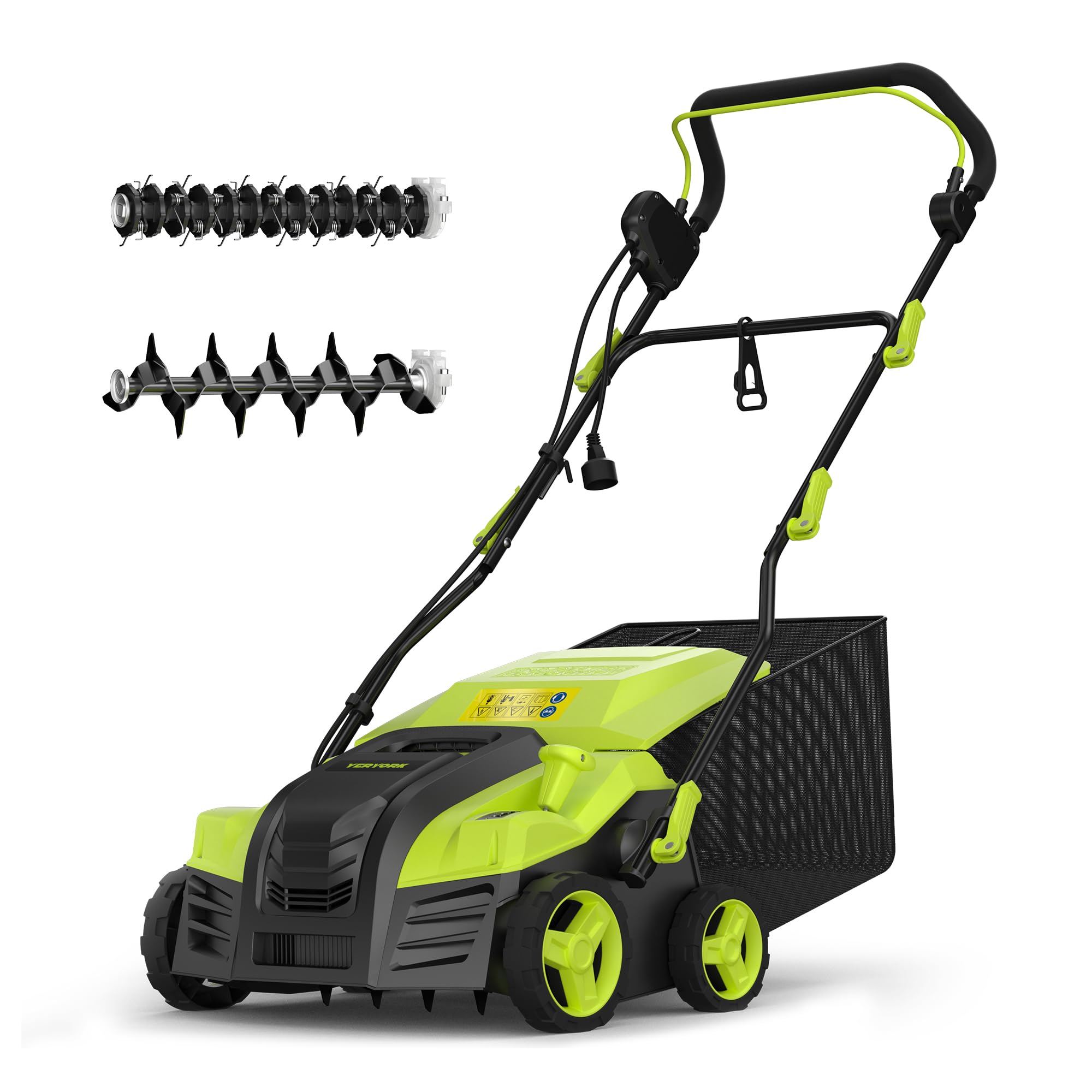 16-Inch Electric Dethatcher Scarifier, YERYORK 2-in-1 Lawn Scarifier with Powerful 15 AMP Motor 14.5Gal Collection Bag 5-Position Depth Foldable Handle for Lawns & Garden (Light Green)
