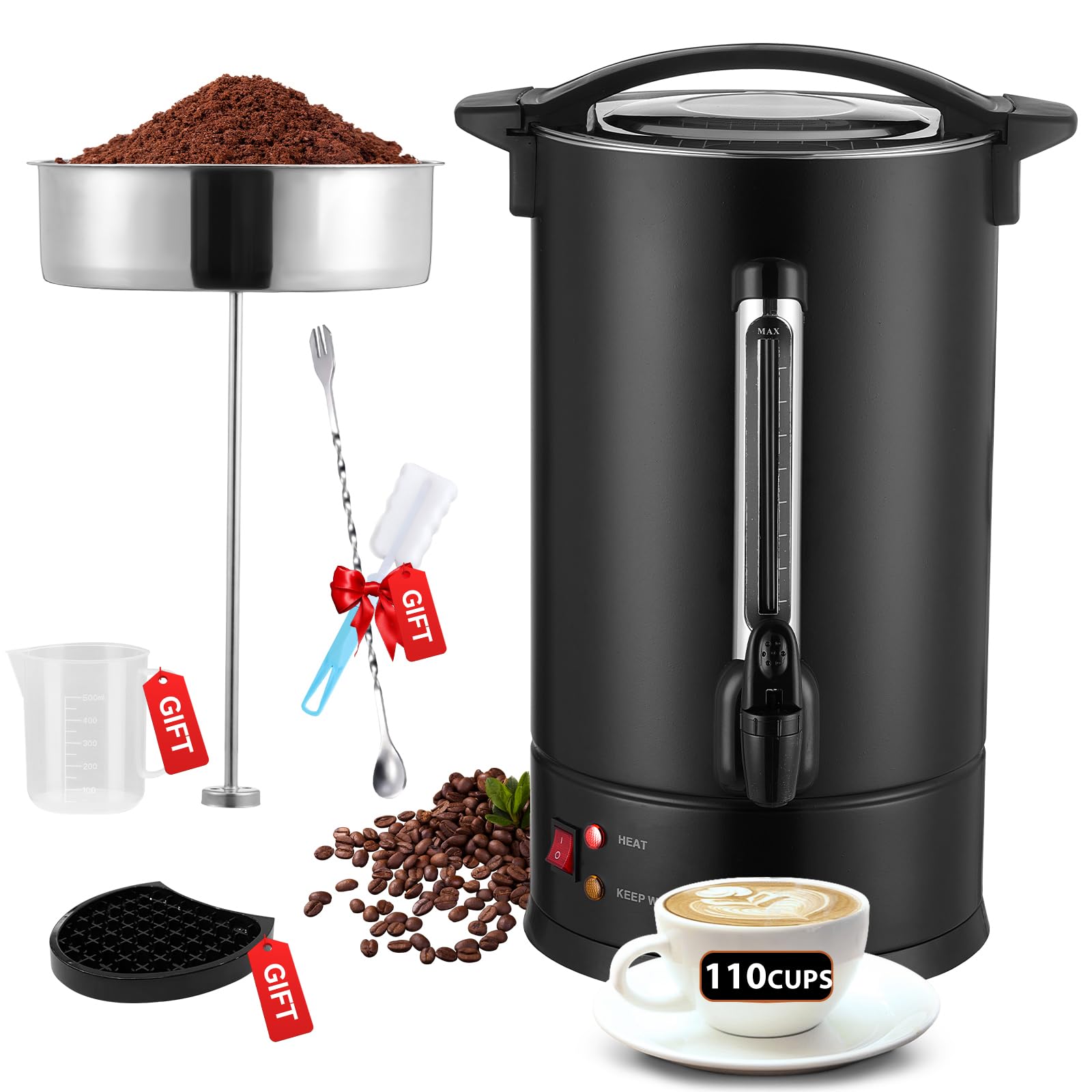 110 Cup Commercial Coffee Urn with Percolator, 1500W Upgraded Power, Quick-Brewing Coffee Maker With Auto Temp Control, Large Stainless Steel Hot Beverage Dispenser, Hot Water Urn For Events, Catering