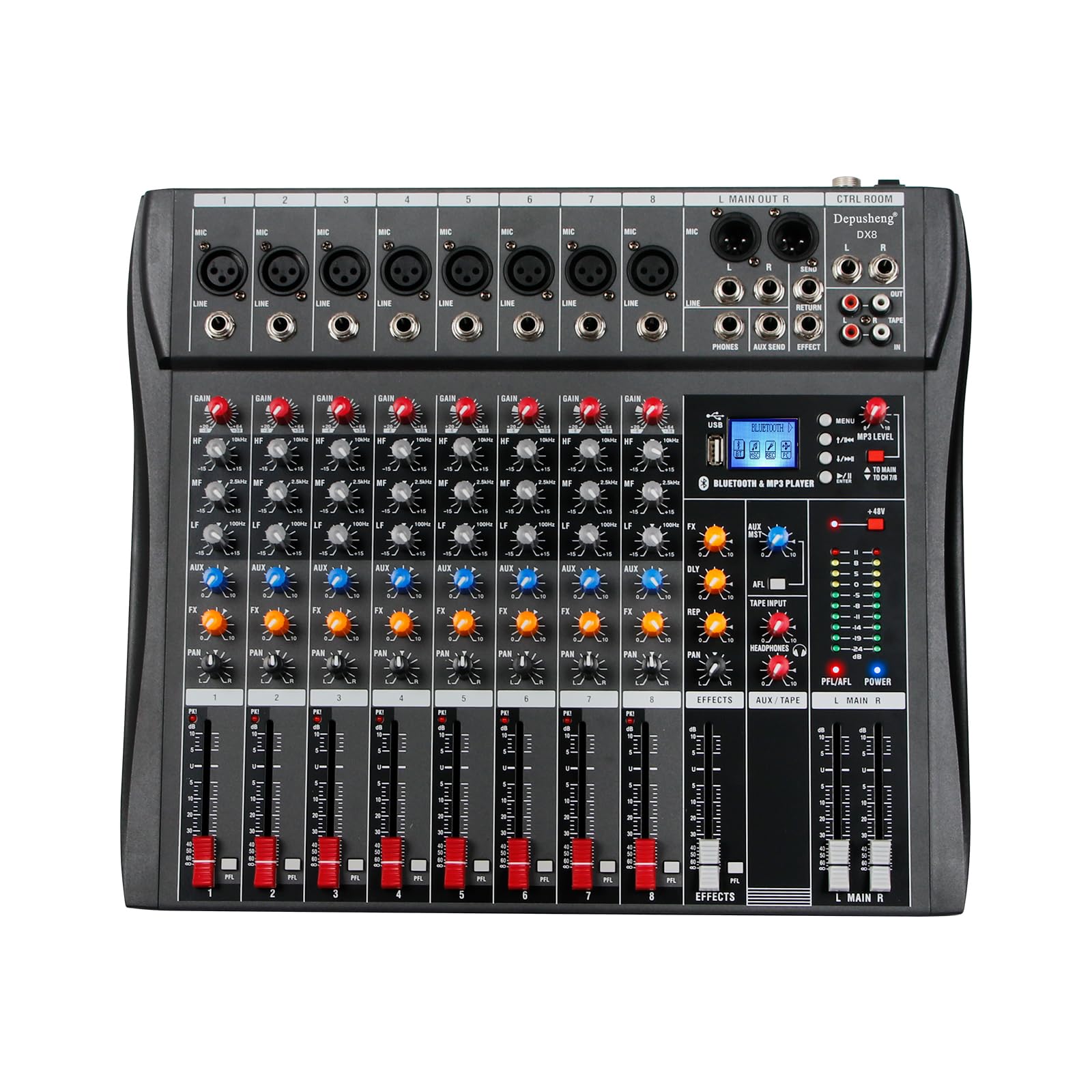 Depusheng DX8 Professional Mixer Sound Board Console 8 Channel Desk System Interface Digital USB MP3 Input 48V Phantom Power Stereo DJ Studio FX Steel Chassis,Black Bluetooth USB Audio Mixer for PC