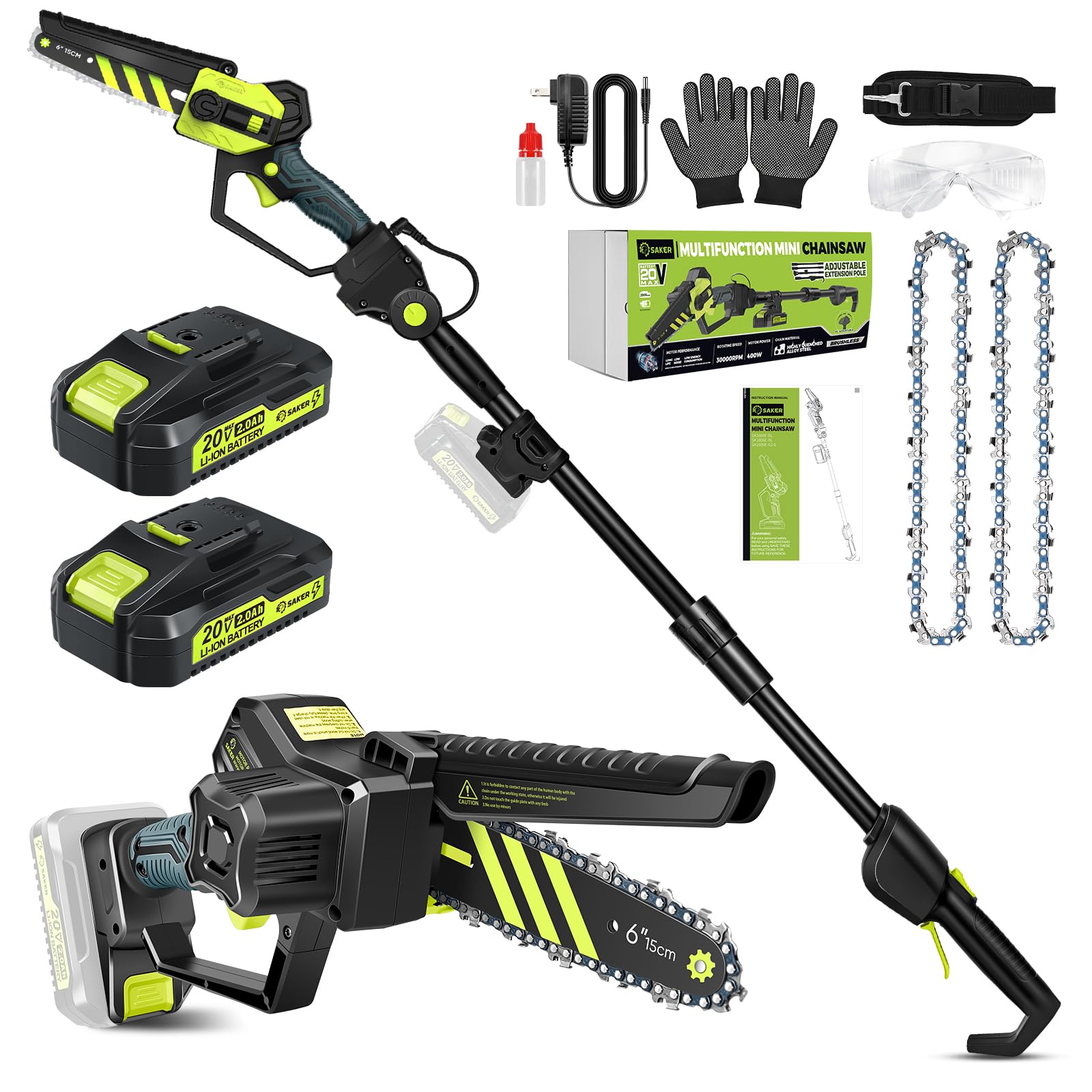 Saker Cordless Pole Saw and Mini Chainsaw,2-IN-1 Pole Chainsaw,Brushless Electric Pole Saw Battery Powered 6 Inch Chainsaw, 78.74 Inch Max Reach Tree Trimmer Pole Saw
