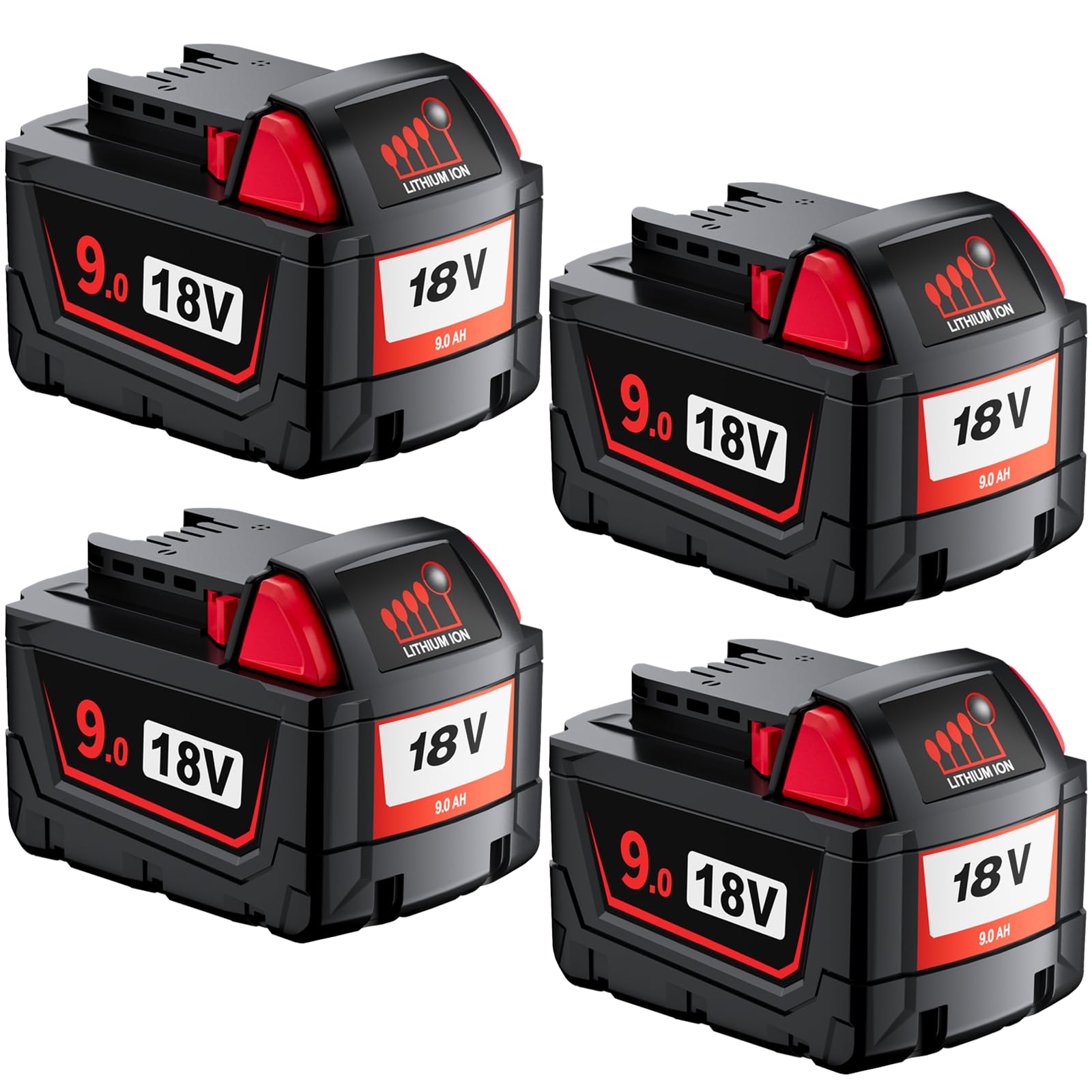 Sunmokite 18v 9.0A Replacement Battery for Milwaukee M18 Compatible with M18 Milwaukee Battery Compatible with 48-11-1890 48-11-1880 48-11-1852 48-11-1850 48-11-1840 and Cordless Power Tools 4Packs