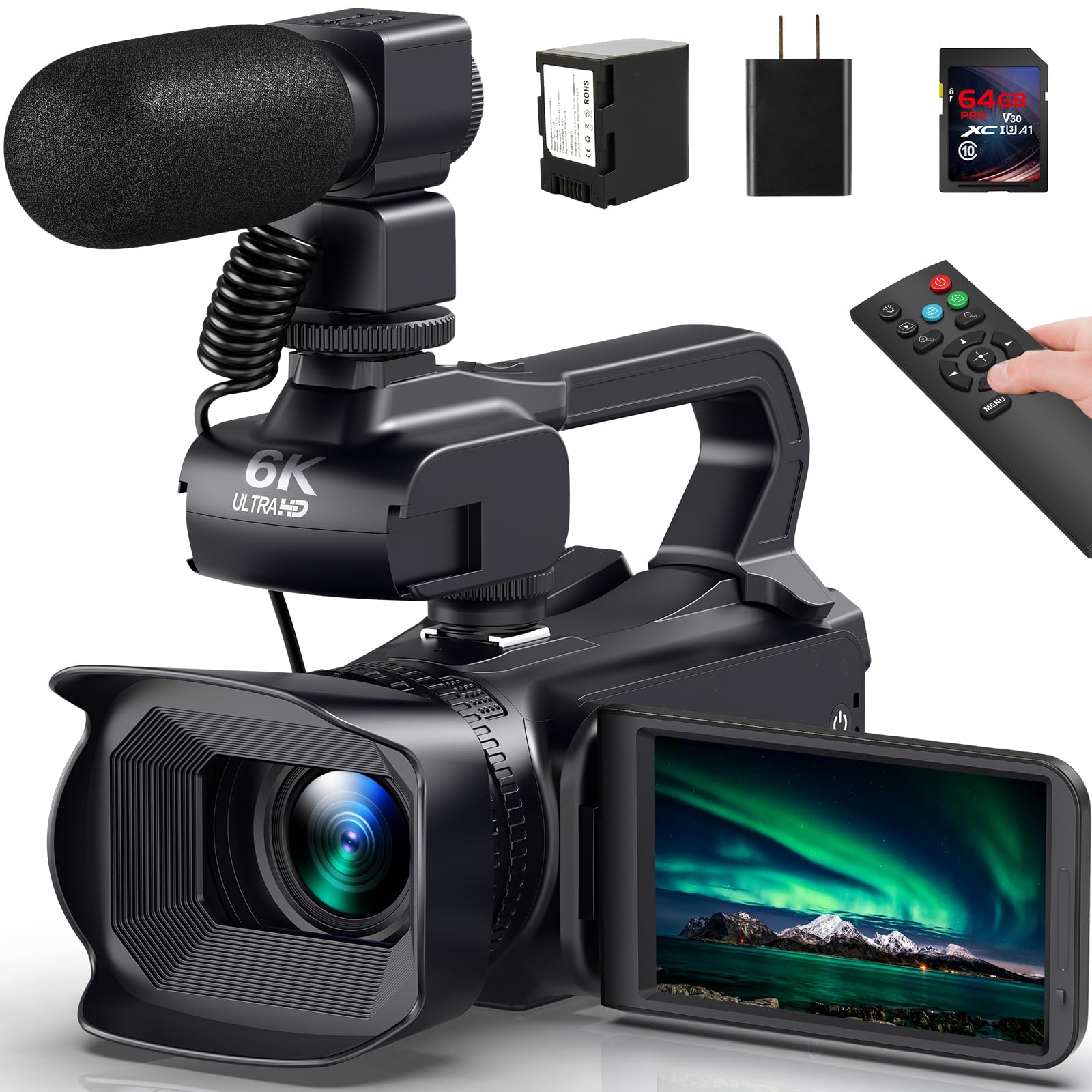 6K Camcorder Video Camera 64MP IR Night Vision Vlogging Camera for YouTube 18X Digital Zoom 4.0 Inch Touch Screen Video Camera with WiFi, Microphone, Stabilizer, Remote Control, 64GB SD Card