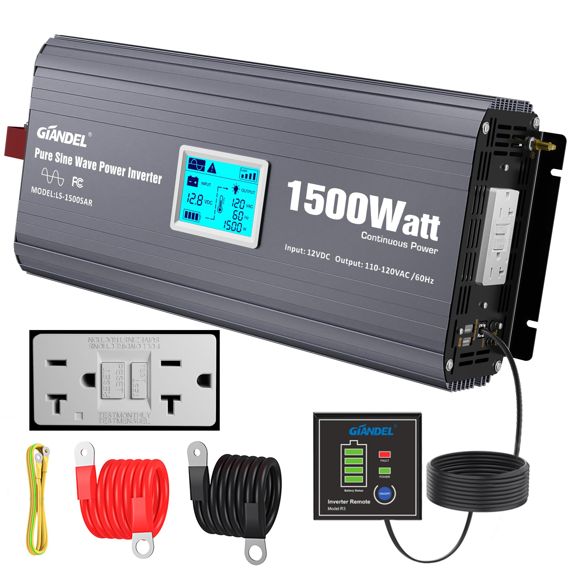 GIANDEL 1500 Watt Pure Sine Wave Power Inverter with UL458 GFCI Outlets Inverter 12V DC to 120V AC FCC Approved and Remote with Battery Level Monitor for RVs Campers Off Grid Solar Setup
