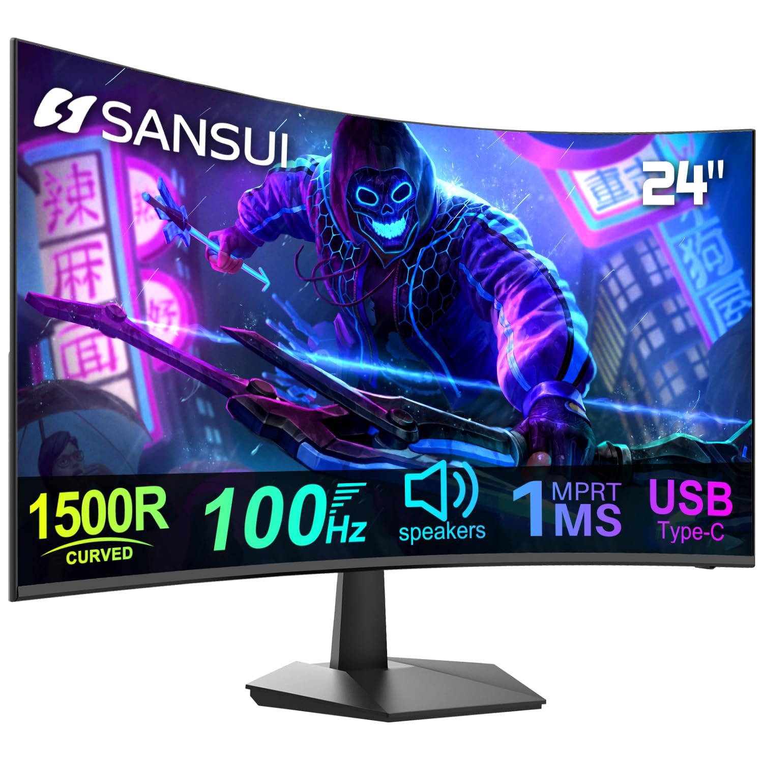 SANSUI Curved Monitor 24 inch 100Hz USB Type-C Computer Monitor with Built-in Speakers- MPRT 1ms,Adaptive Sync,HDR,1500R,VESA 75x75mm Compatible, for Home and Office(HDMI Cable Include ES-24C1)