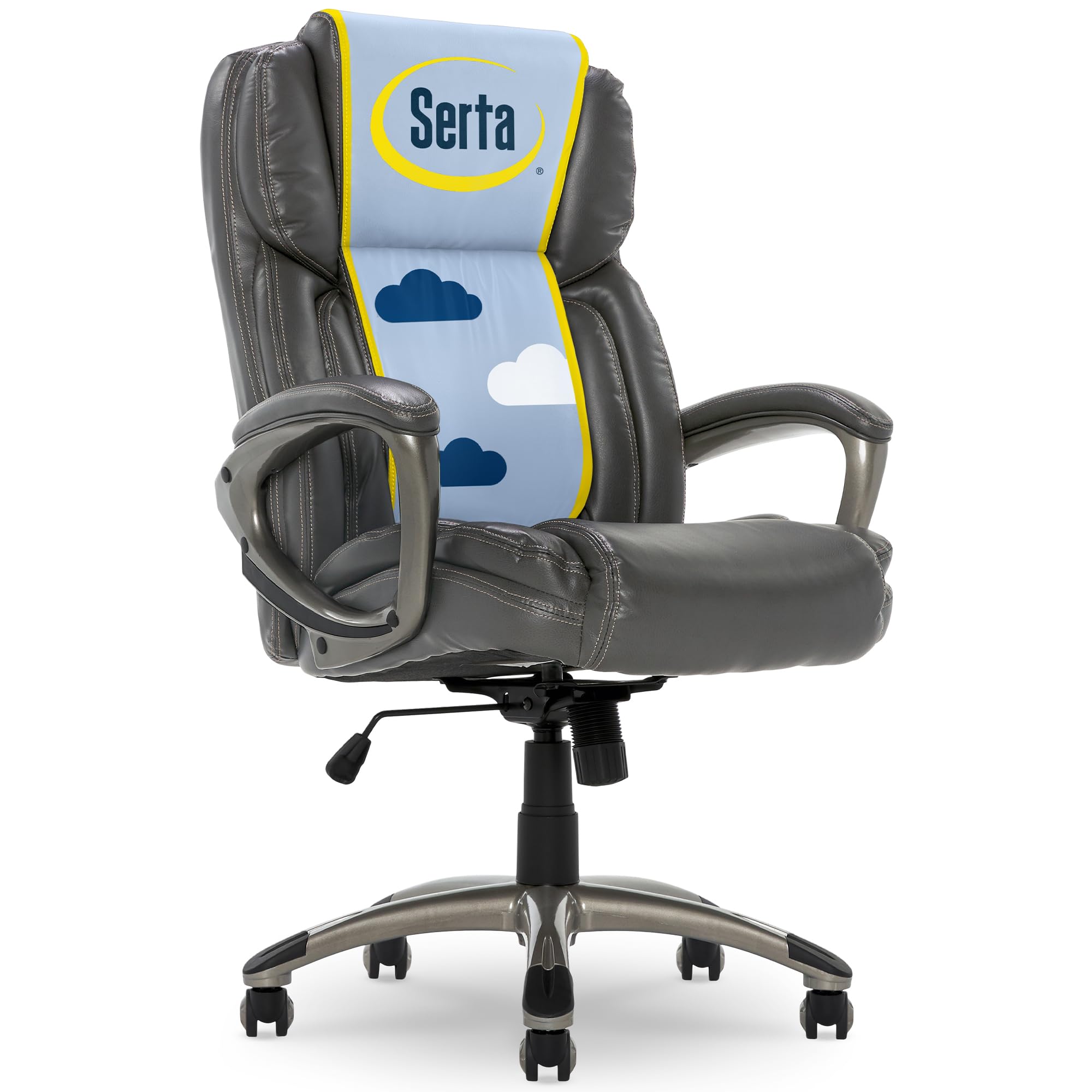 Serta Garret Executive Office Chair, Ergonomic Mid-Back with Lumbar Support, Semi-Plush Cushion and Body Pillows, Padded Armrests, Swivel Base, Bonded Leather, Gray