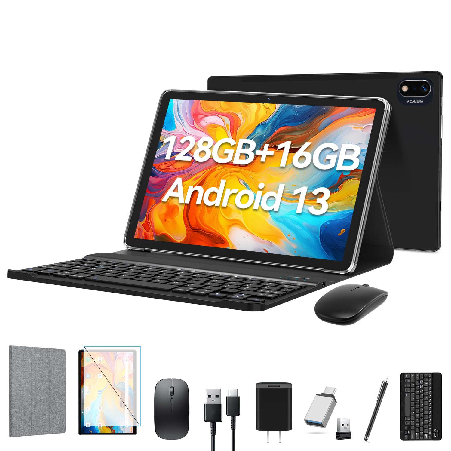 Android 13 Tablet 2025 Latest 10 inch Octa-Core Tablet, 128GB ROM+16GB RAM (8+8 Virtual)+1TB Expand, 5G WiFi Tablet with 13MP+8MP Camera, 8000 mAh Battery, 2 in 1 Tablet with Keyboard, Mouse, Case B