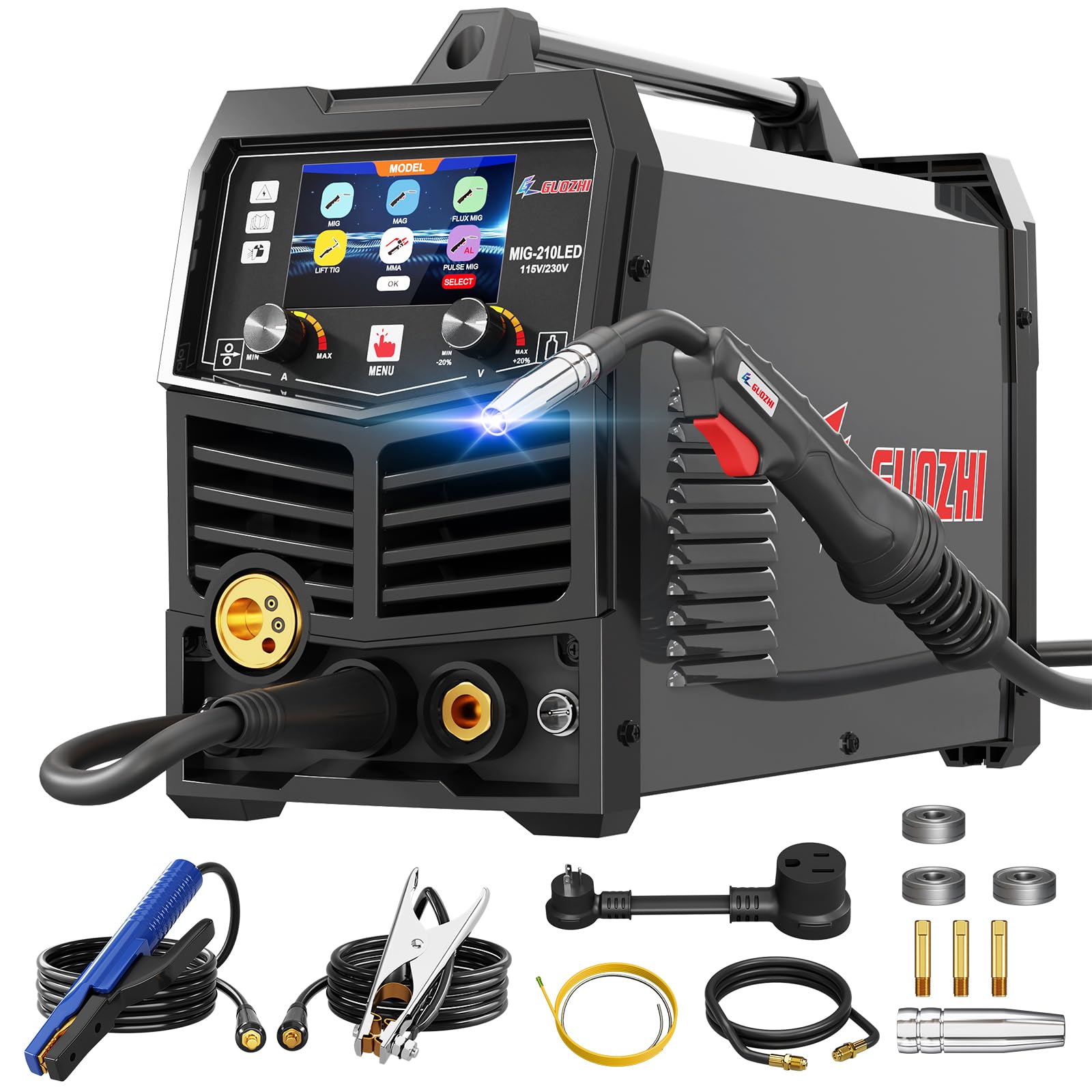 GZ GUOZHI 210A MIG Welder, 8 in 1 Gas MIG/MAG/Gasless Flux Core MIG/Lift TIG/Stick/Spot Welding/Spool Gun, Aluminum Pulse Mig Welding Machine Large LED Display 110V/220V Multi-Process Welder
