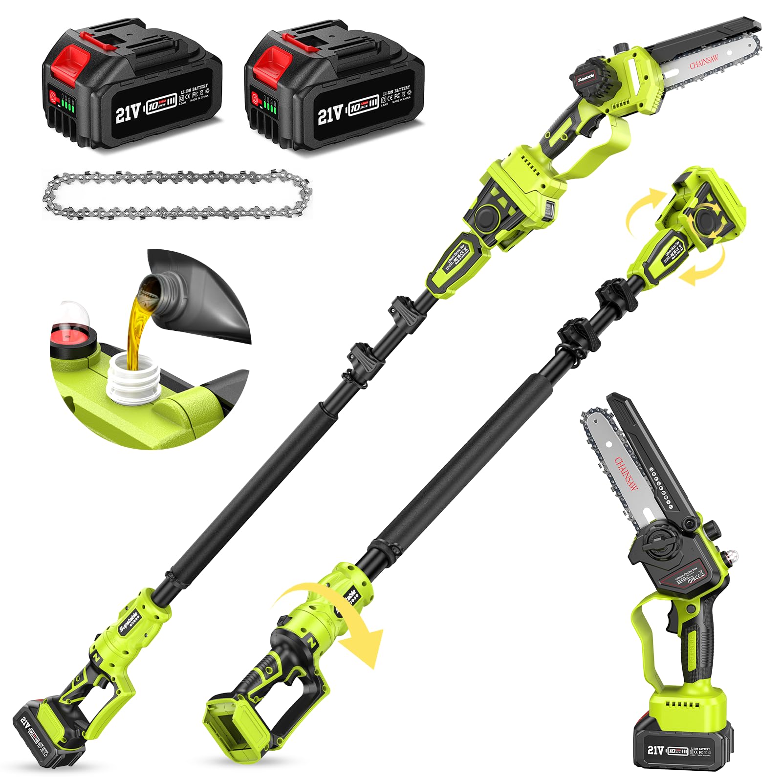 Supstable 2-IN-1 Cordless Pole Saw & Mini Chainsaw w/ Brushless Motor, 2*4.0Ah Battery Powered 6" Electric Telescoping Pole chainsaw 15 Ft Max Reach, Adjustable Head Pole Saw for Tree Trimming Pruning