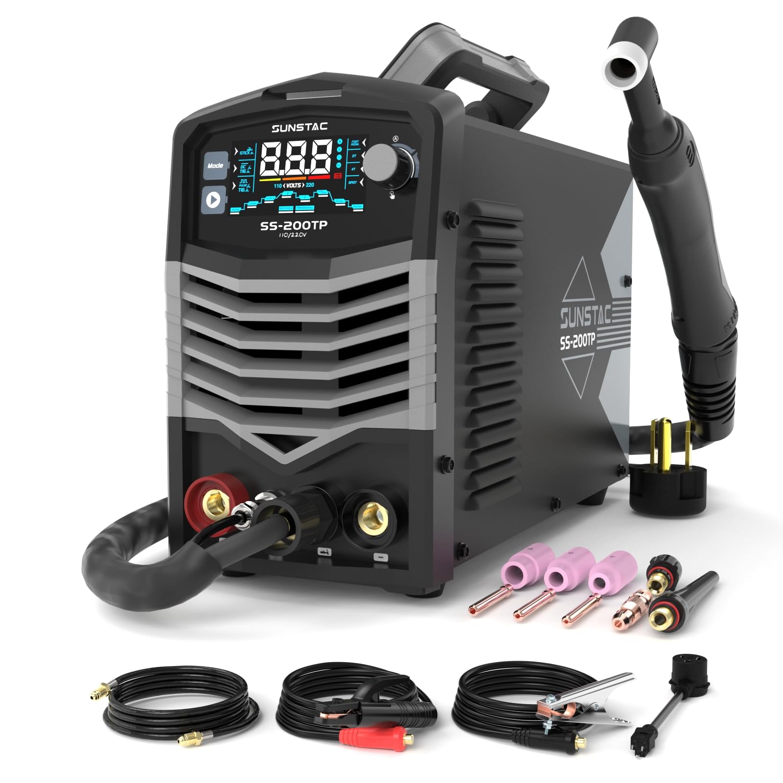 Sunstac 200A TIG Welder with Pulse, 110V/220V Dual Voltage, 4 in 1 DC TIG/Pulse TIG/SPOT TIG/Stick Welding Machine, Digital Screen Display, Over Loading Protection