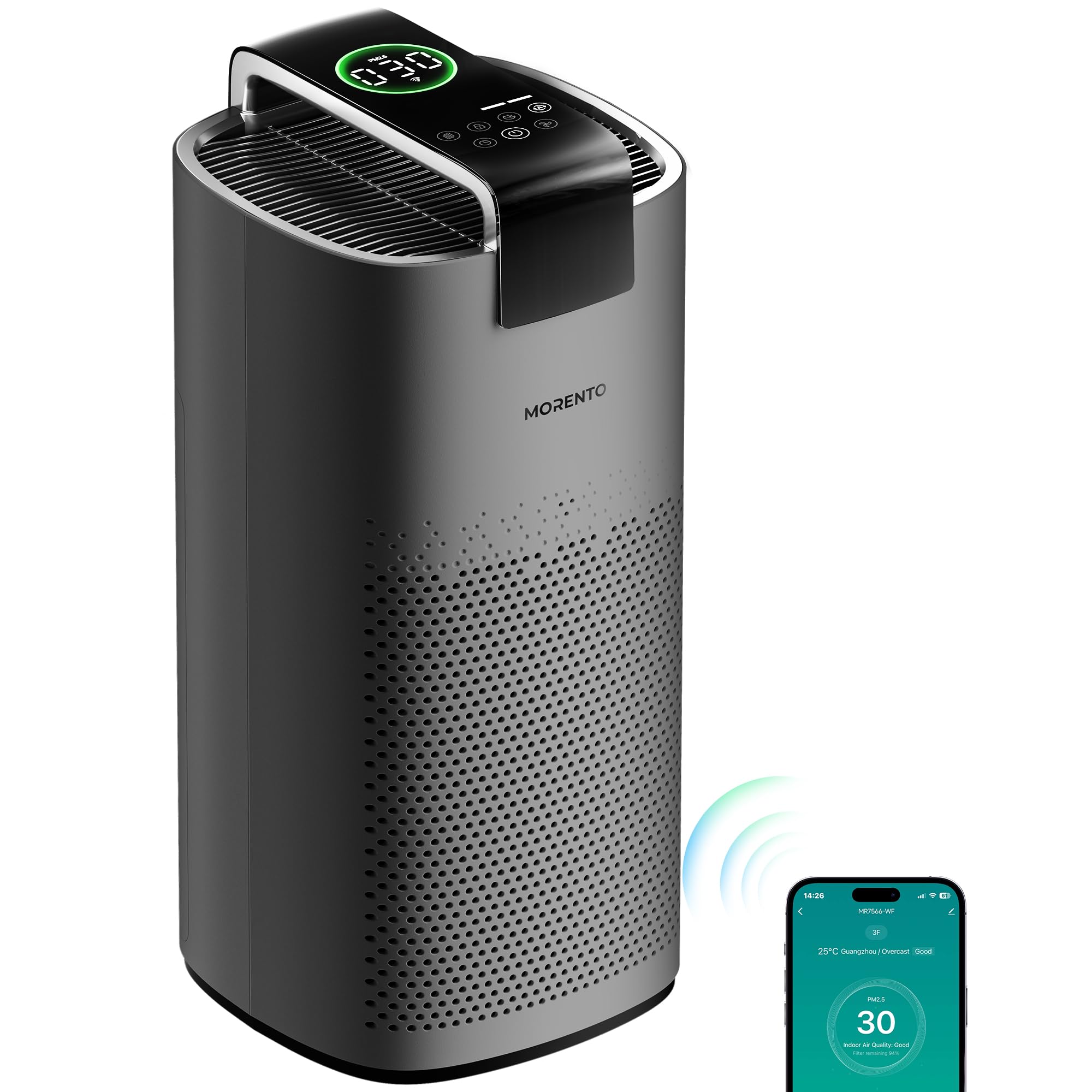 MORENTO Air Purifiers for Home Large Room Up to 2050 Ft² with PM 2.5 Air Quality Sensor, Smart WiFi and Sleep Mode, Hepa Filters Filter Airborne Particles, Handheld Home Air Purifier - Grey +1Pack