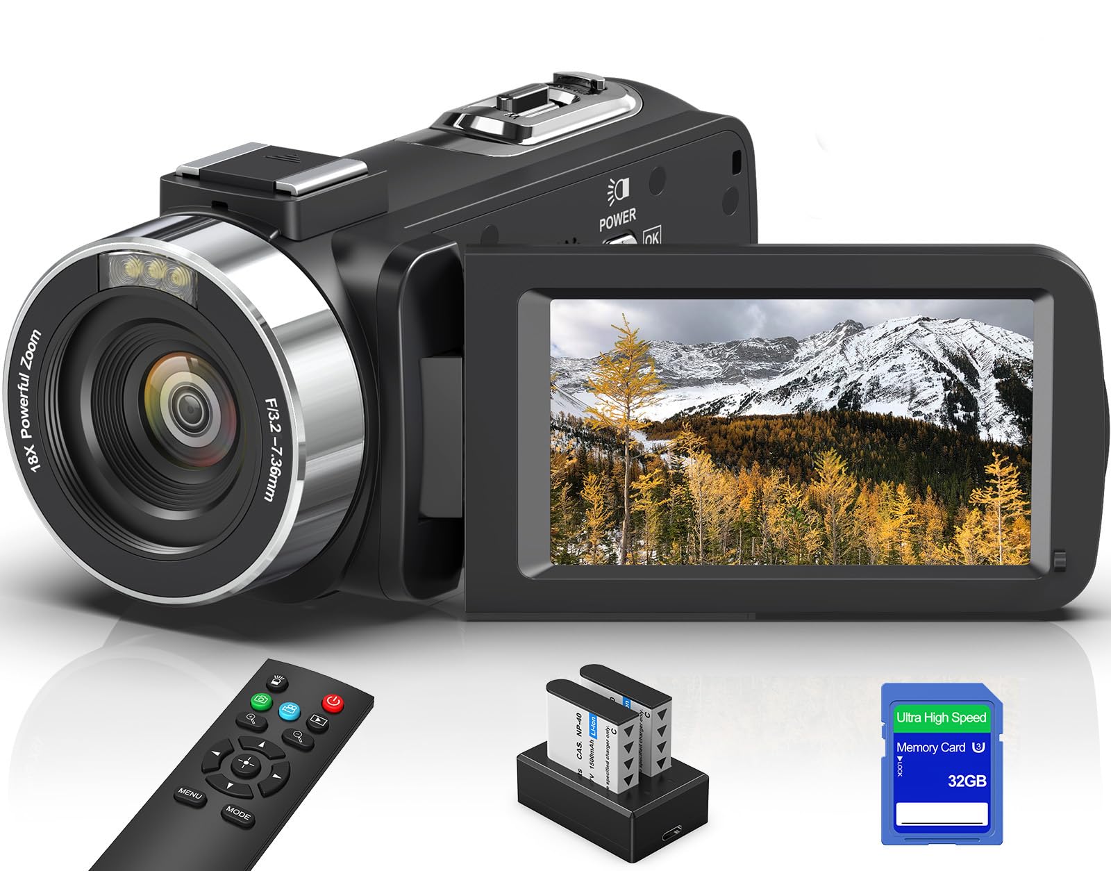 8K Video Camera Camcorder, 64MP IR Night Vision Vlogging Camera, 18X Zoom WiFi Digital Touch Screen Camcorder for YouTube with 32G SD Card, Remote Control, Mic, Charging Cradle, and Two Batteries