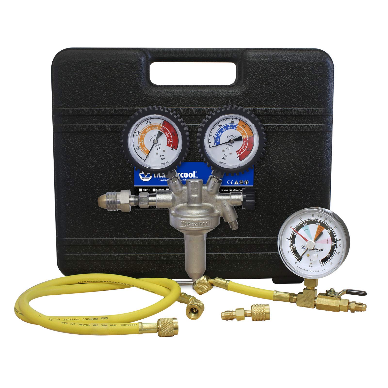 Mastercool 53010 HVAC Pressure Testing Kit | Includes Nitrogen Pressure Regulator, Charging Hose, Leak Testing Adapter, R410A Adapter, Blow Molded Case | Professional-Grade for Leak Testing