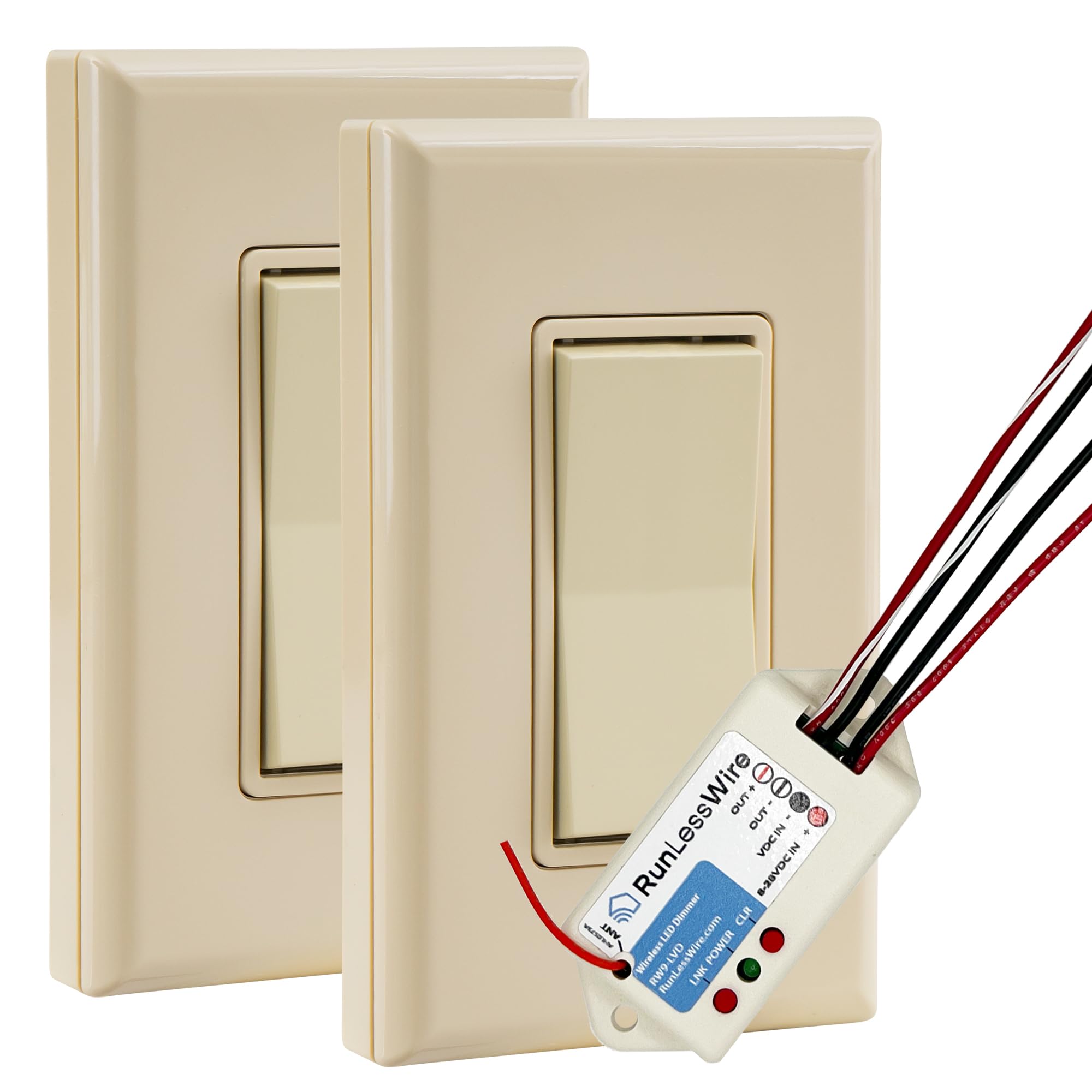RunLessWire Low Voltage 8-30VDC Dimming Self Powered (NO Batteries) Wireless Light Switch - No Wiring, Battery, or WiFi Needed - 3-Way Low Volt Dimmer Kit: 1 Receiver, 2 Switches - Light Almond