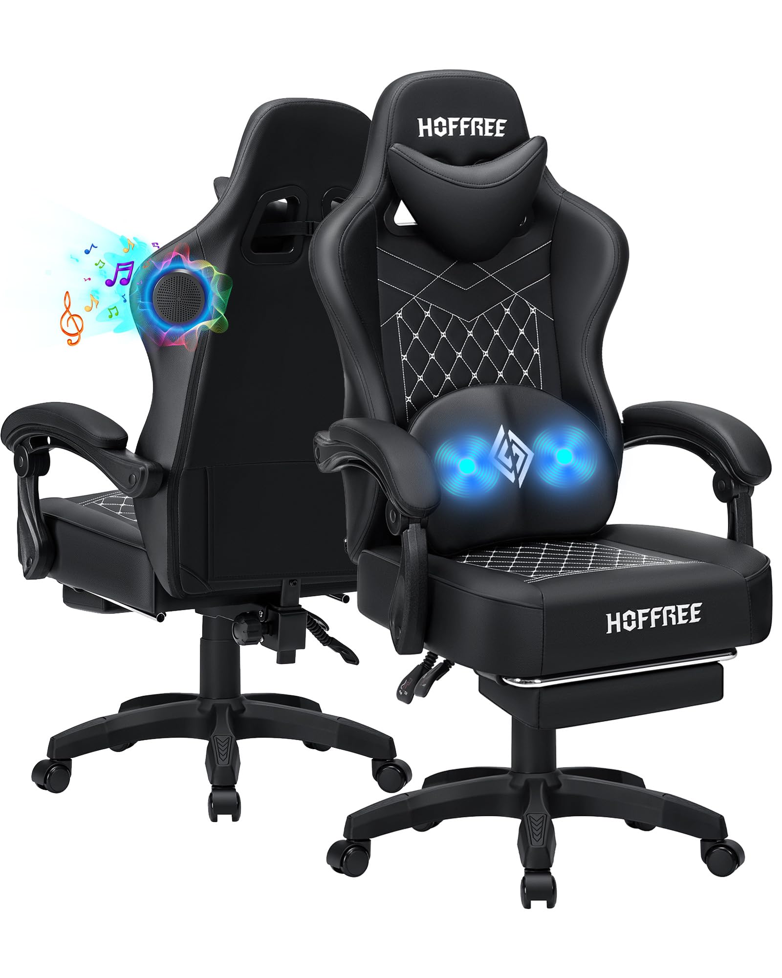 HOFFREE Gaming Chair Computer Chair with Speakers Massage Game Chairs with Footrest Bluetooth High Back Ergonomic Computer Gaming Chairs for Adults Reclining Video Gamer Chair Black