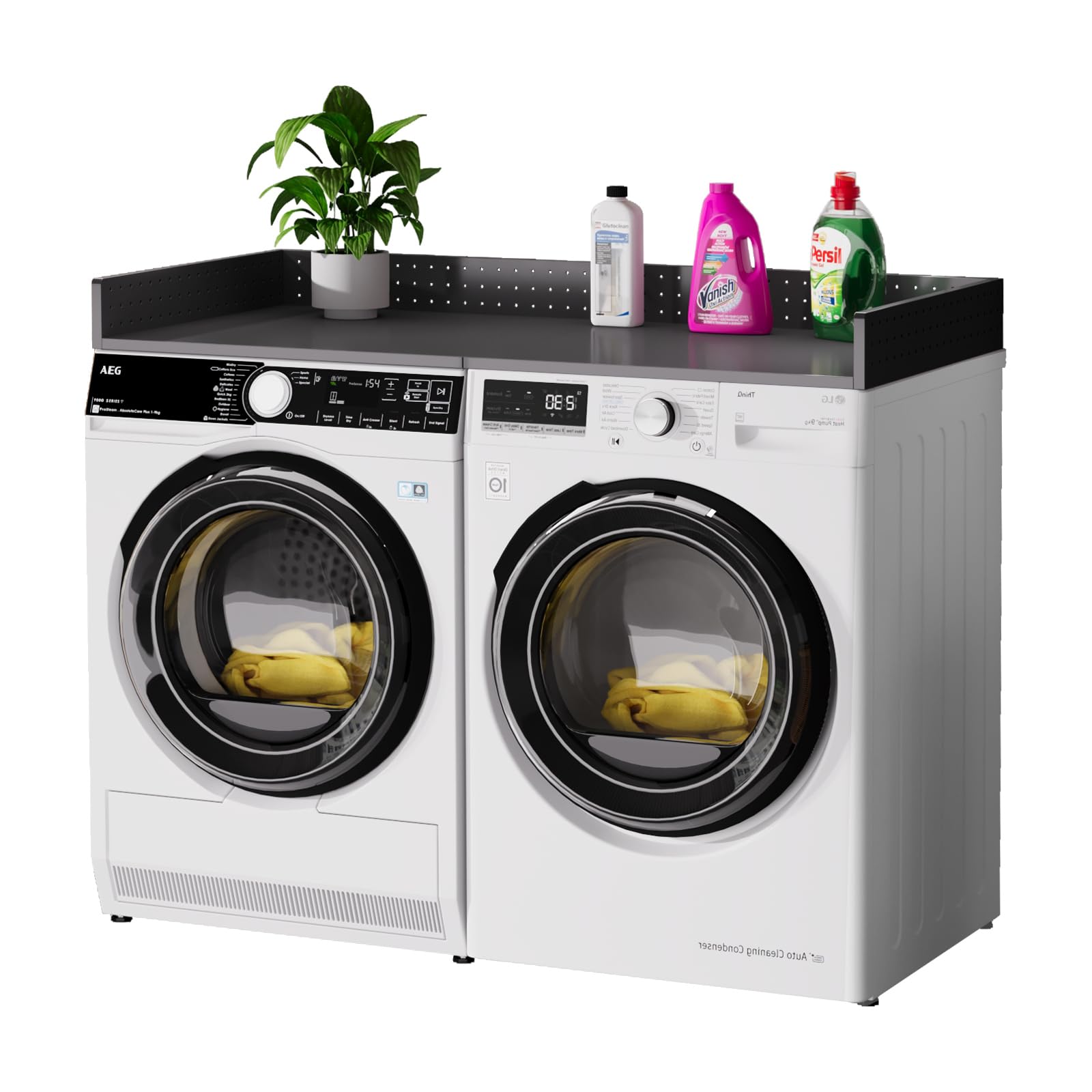 CRPDY Washer Dryer Countertop, Heavy Duty Metal Laundry Countertop with Edge Rails, 57.1" W x 27.6" D Washer Dryer Topper with Hooks for Laundry Room Organization (Black)