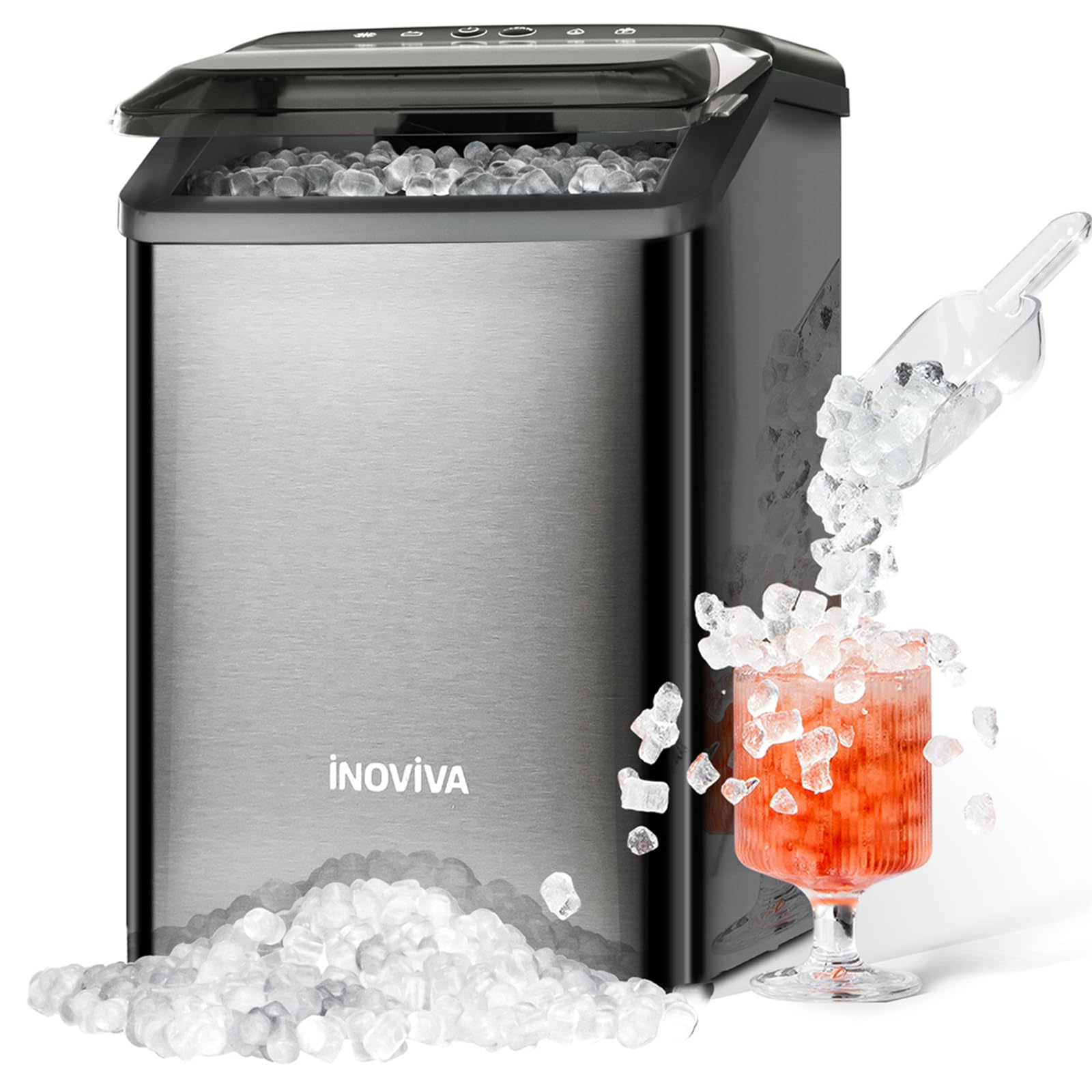 inoviva Nugget Ice Maker Countertop, 40lbs/24H Soft Chewable Pellet Ice Machine with Self-Cleaning, Sonic Ice Maker for Home Kitchen,Office - Black Stainless
