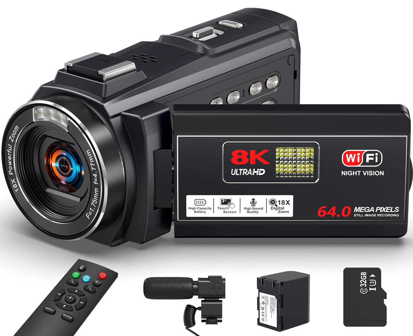 8K Video Camera Camcorder, 64MP IR Night Vision Vlogging Camera, 18X Zoom WiFi Digital Touch Screen Camcorder for YouTube with one 4500mAh Battery, 32GB TF Card, Remote Control, Mic, and Adapter