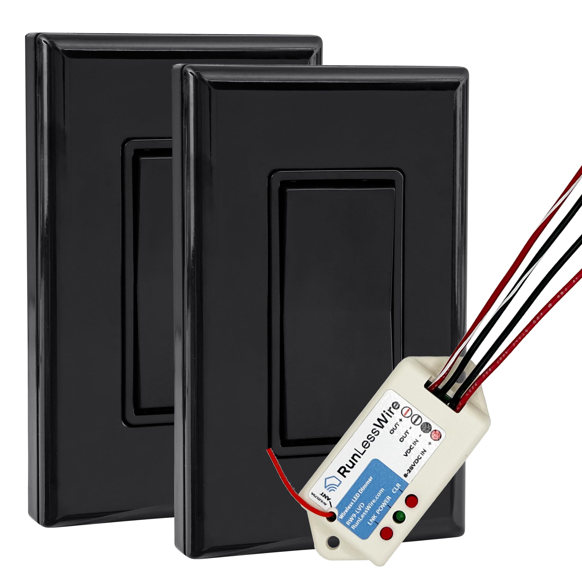 RunLessWire Low Voltage 8-30VDC Dimming Self Powered (NO Batteries) Wireless Light Switch - No Wiring, Battery, or WiFi Needed - 3-Way Low Volt Dimmer Kit: 1 Receiver, 2 Switches - Black