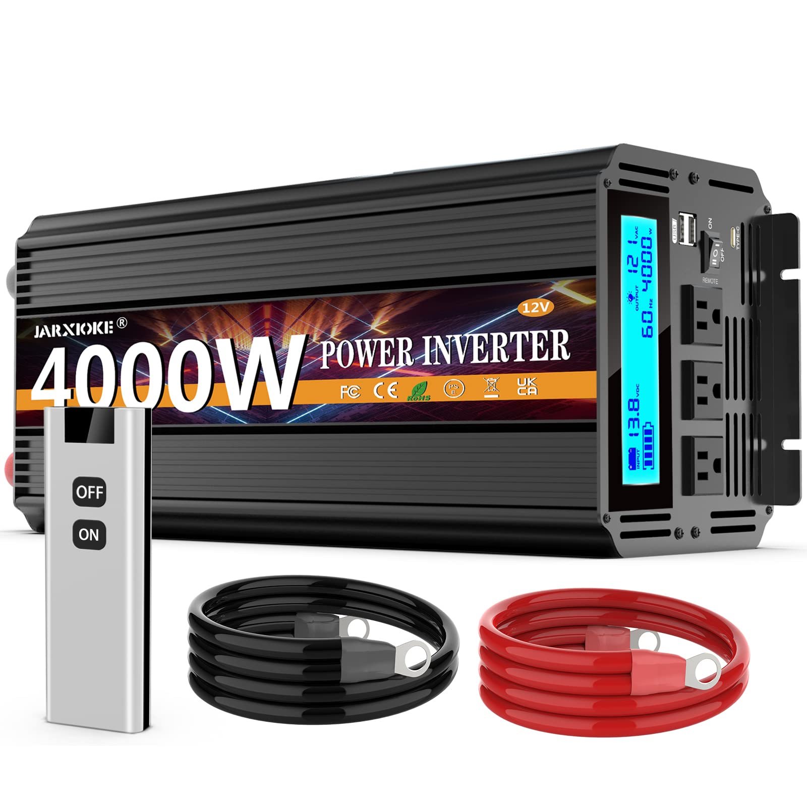 JARXIOKE 4000 Watt Power Inverter 12V DC to 110V 120V Converter for Family RV Off Grid Solar System Car with Type-C Ports 3 AC Power Outlets Dual USB Ports LCD Display Wireless Remote Control