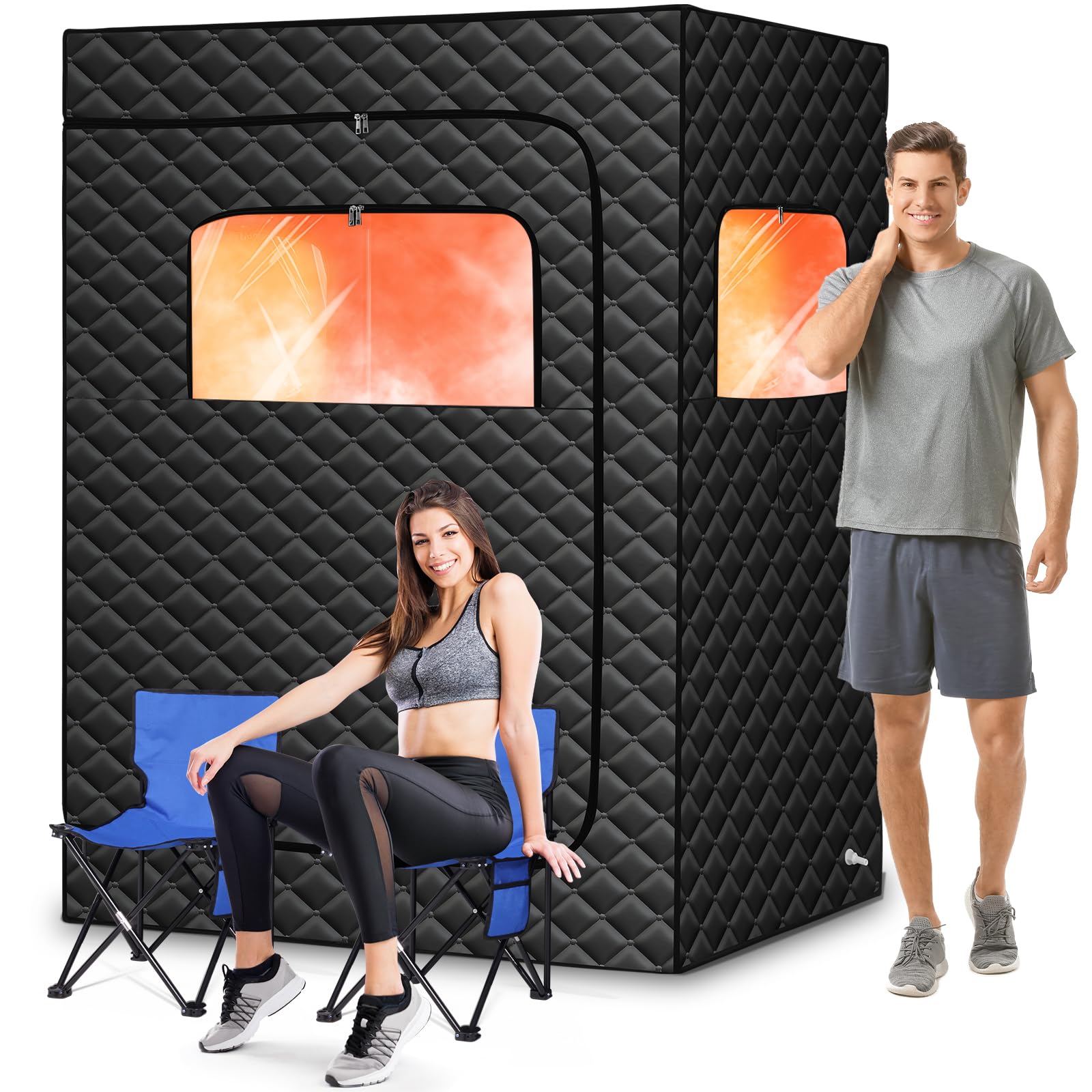 Upgraded 2 Person Portable Sauna, Portable Steam Sauna for Home, Personal Sauna Box Full Body with 1000W 2.6L Steam Generator, 99 Minute Timer, 2 Folding Chairs, Remote Control Included(Black)