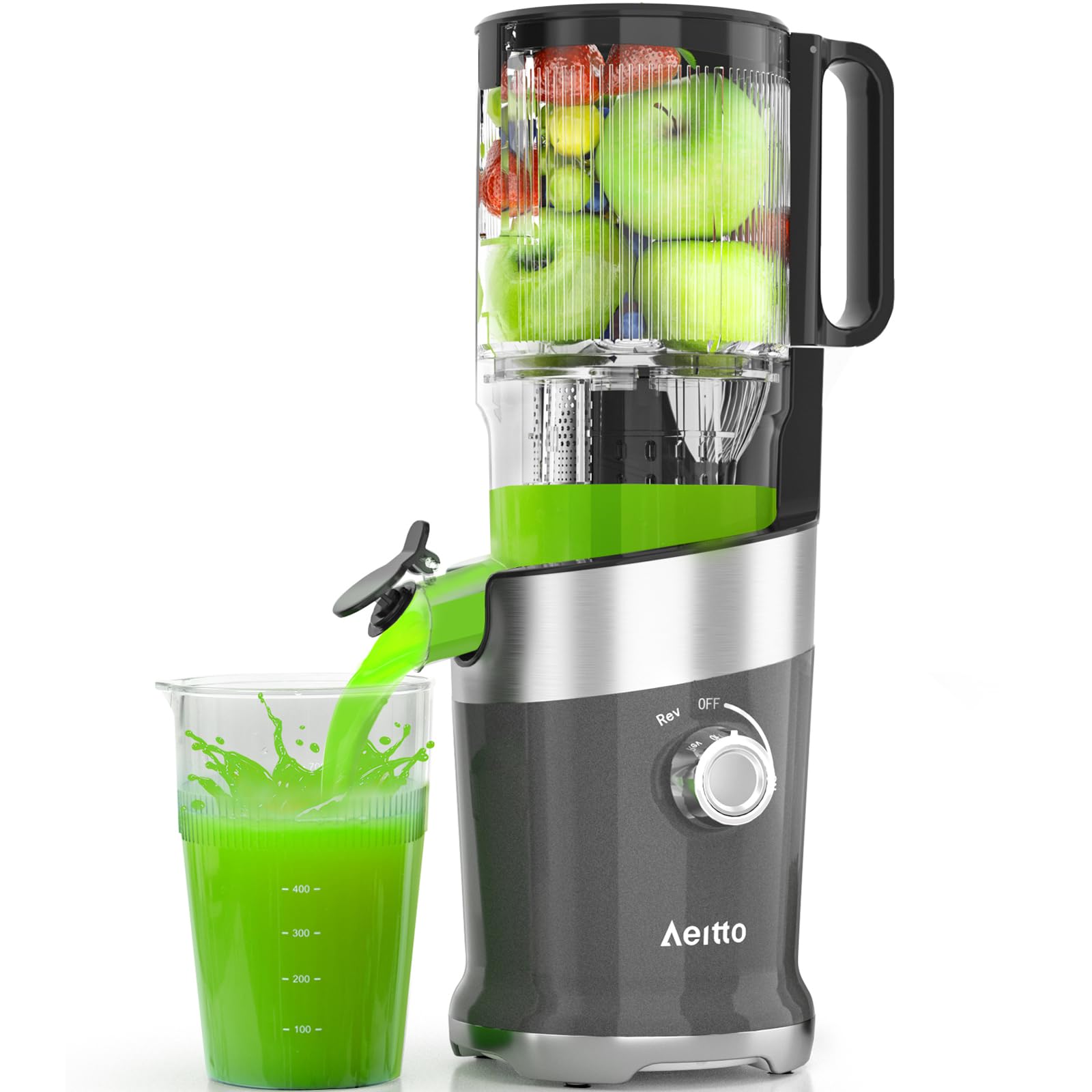 Juicer Machines, Aeitto Cold Press Juicer,4.9" Wide Mouth Fits for Whole Fruits and Vegetables, Slow Masticating Juicer Easy to Clean, High Juice Yield,Grey