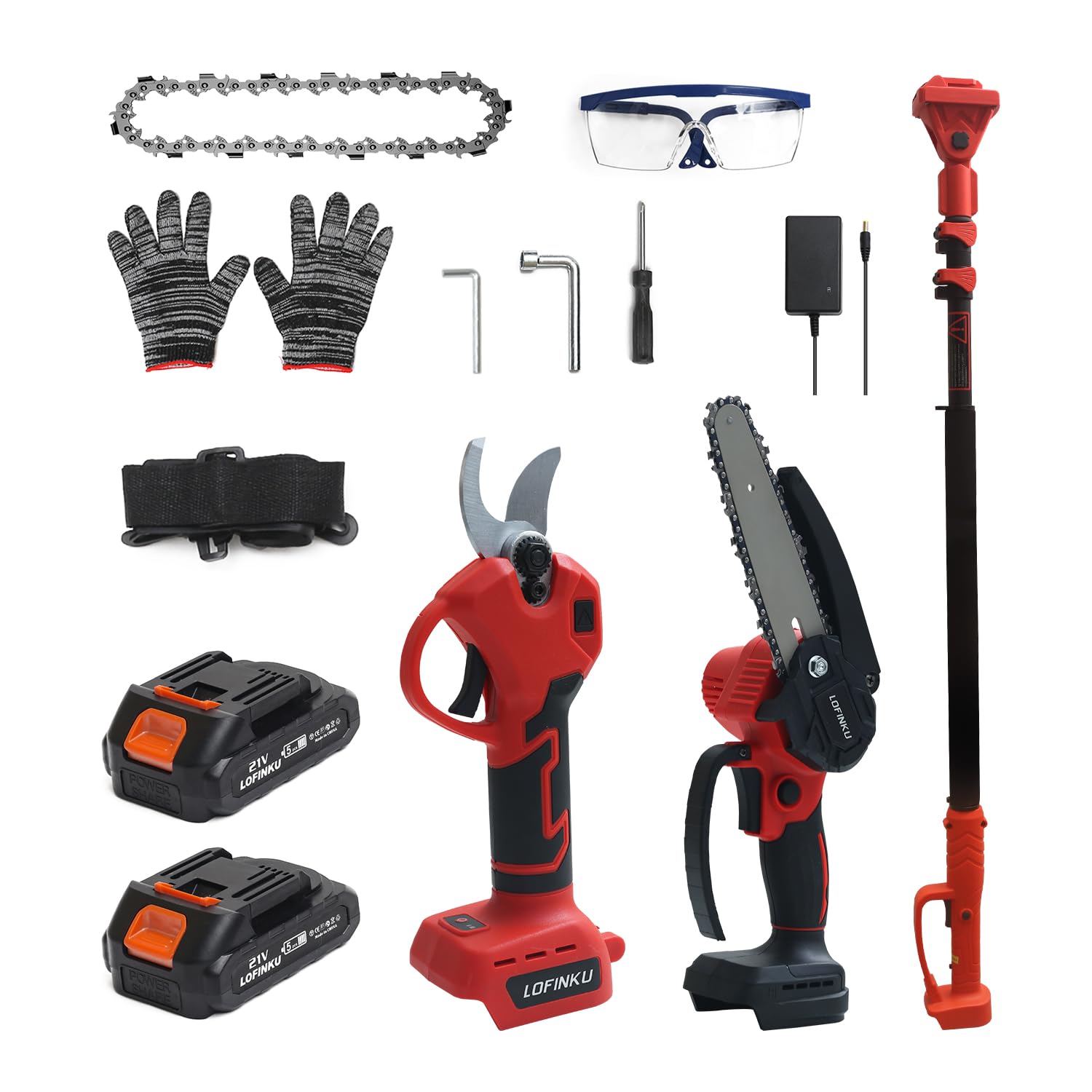 Electric Pruner Kit, 3 in 1, Max 8 ft, 2 Pcs Batteries, 6 inches cordless chainsaw & electric pruning shears with Max 8 ft Extension Pole, SK5 Blades RED