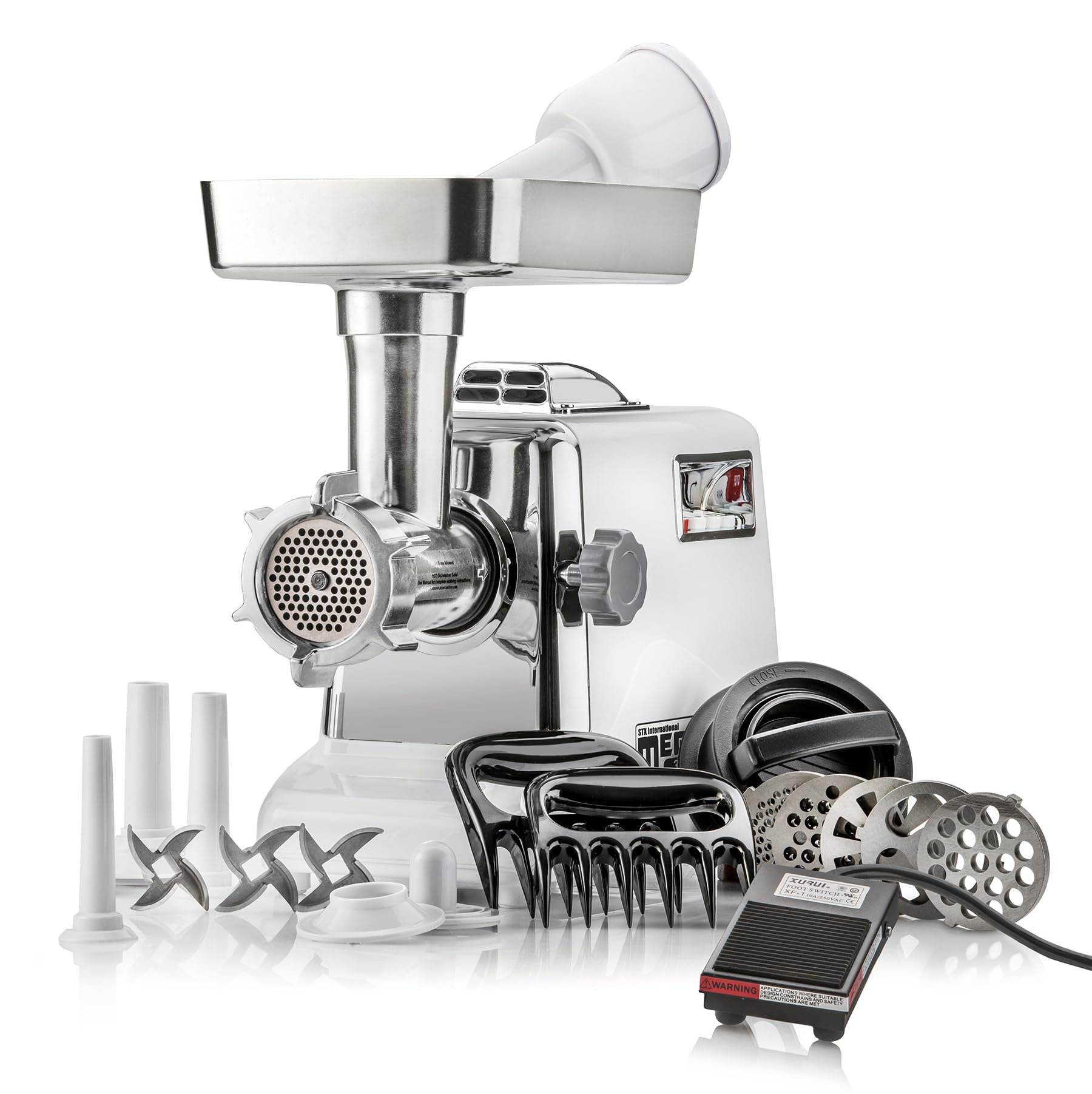 STX International Megaforce 3000 Series 6-in-1 Electric Meat Grinder | 3000W Max | Air Cooled | 3-Speed | Foot Pedal | 5 Grinding Die | Stainless Steel Blades | Sausage Stuffer | Kubbe Maker & More