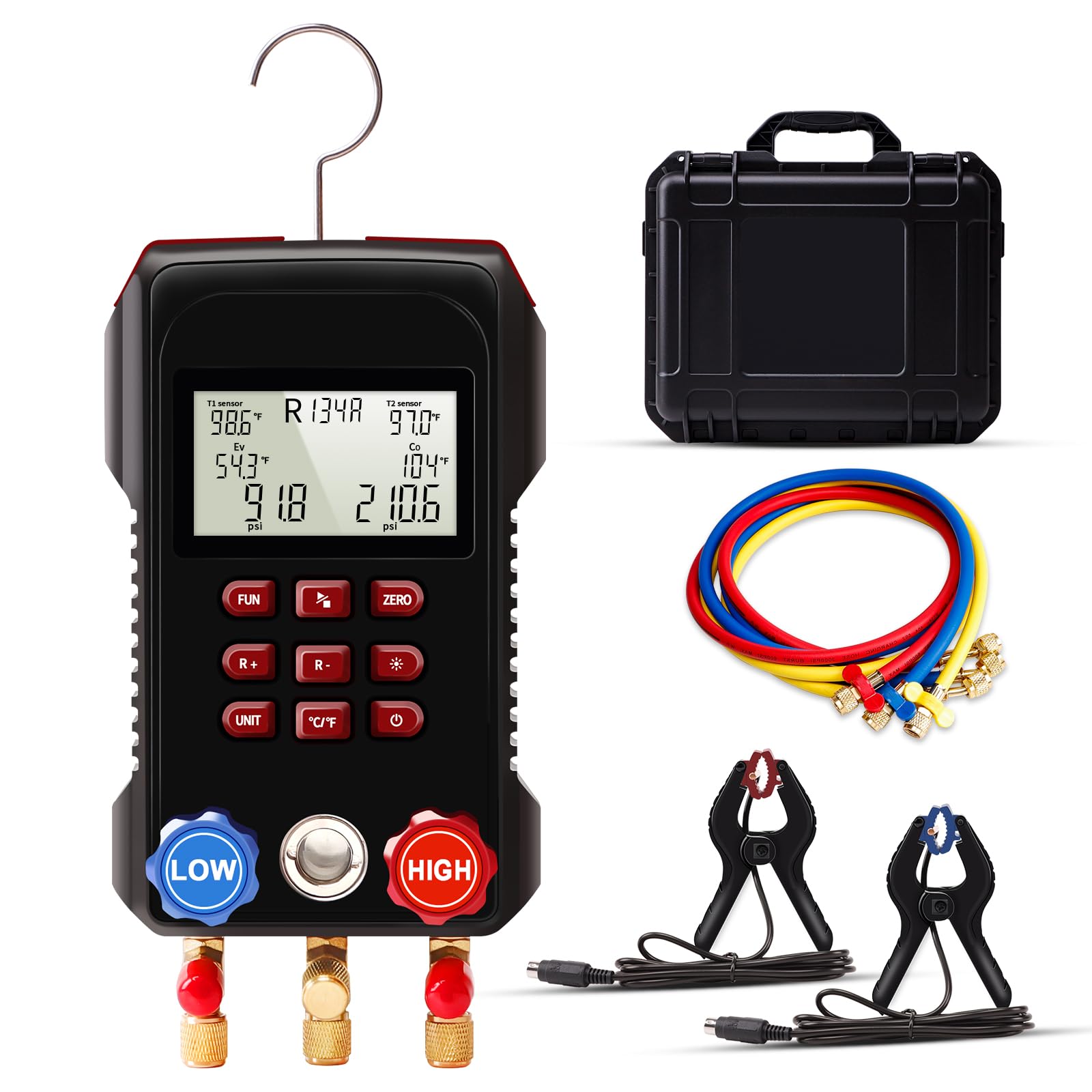 Aprvtio HVAC Gauges, AMF-300 Digital Manifold Gauges HVAC with 3000psi Hoses and 2 Wired Temperature Clamp Probes, Refrigerant GAUGES for Automotive HVAC System HVAC Tools Kit R134a R22 R12 R502