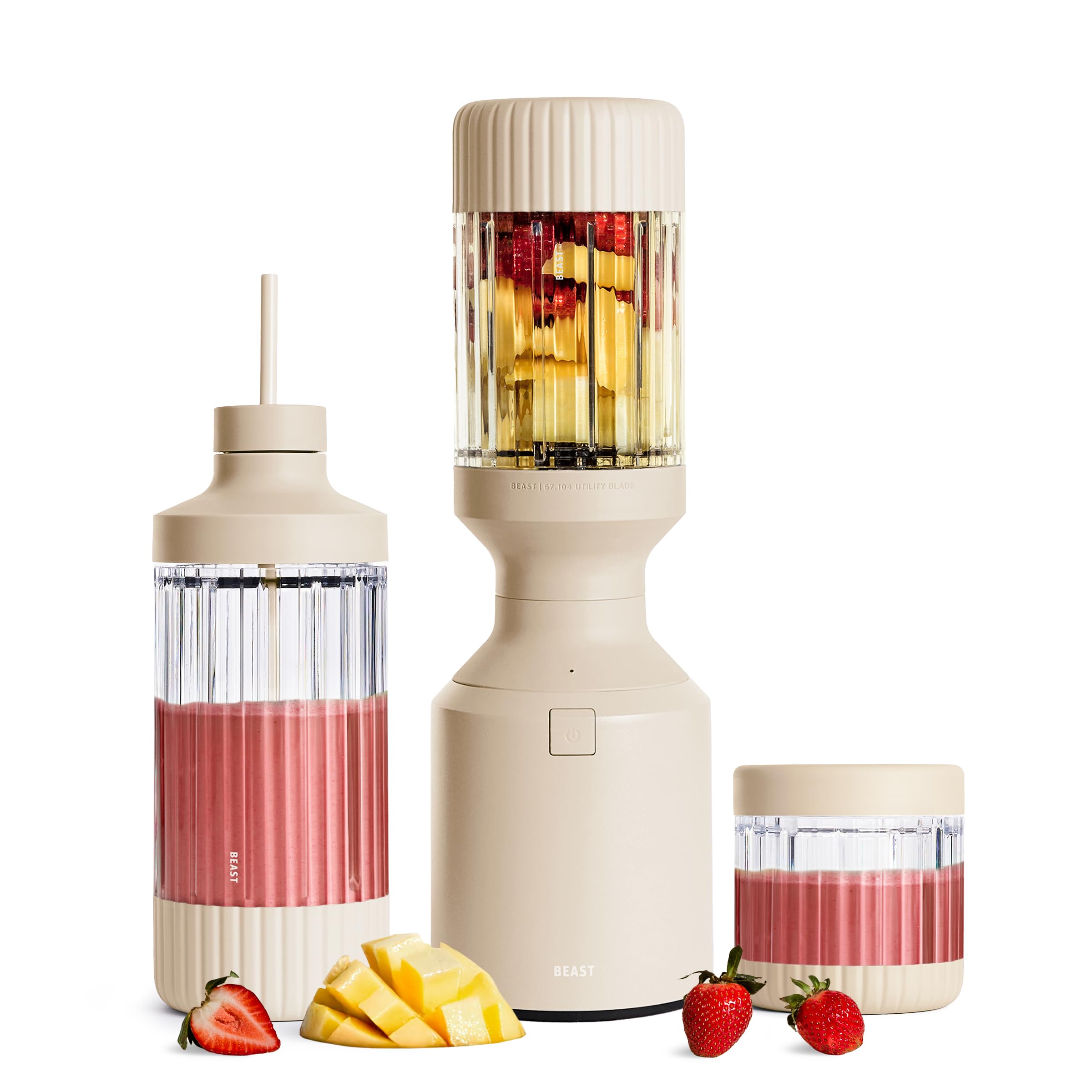 Beast Mega 1200 | Premium Countertop Blender | Smoothies, Shakes, Sauces, Dips, Soups | Blends Ice and Frozen Fruit | XL Vessel | Extra Vessels, Straw System Included | 1200W | (Sand, 120V)