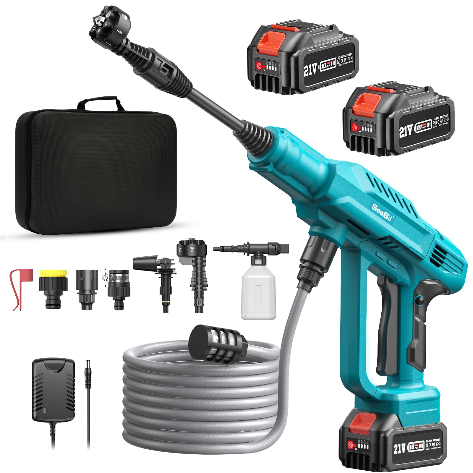 Seesii Cordless Pressure Washer - Battery Powered Pressure Washer 970PSI, 2 Rechargeable Batteries, 6-in-1/360°Adjustable Nozzles, Portable Handheld Power Cleaner for Car Home Floor/Fence/Patio