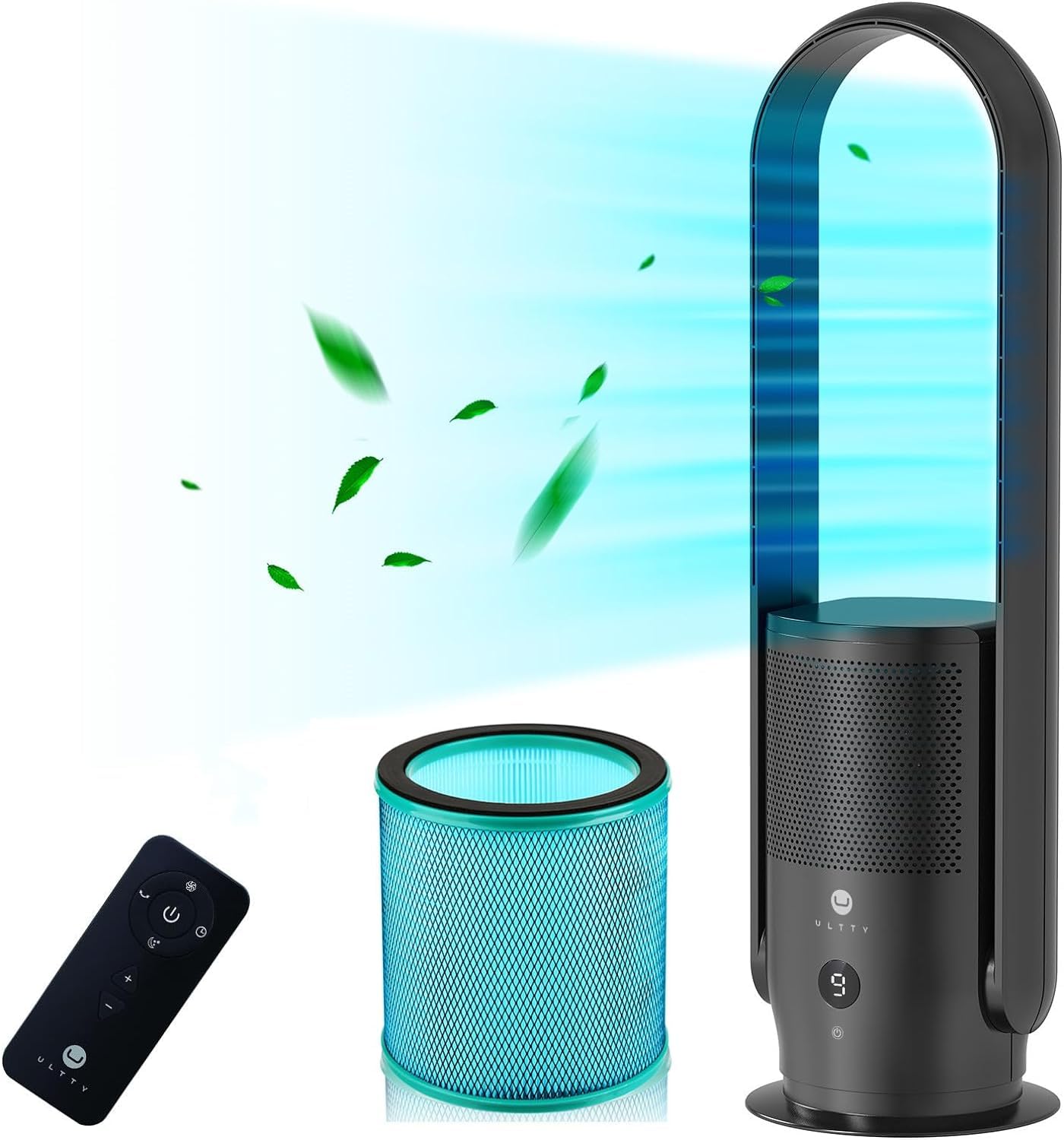 ULTTY Bladeless Tower Fan with HEPA Filter, 90° Oscillating Tower Fan, Remote Control, Touch, 8H Timer, 9 Speeds, Powerful Floor Fan for Bedroom Room Home Office, CR022, Black