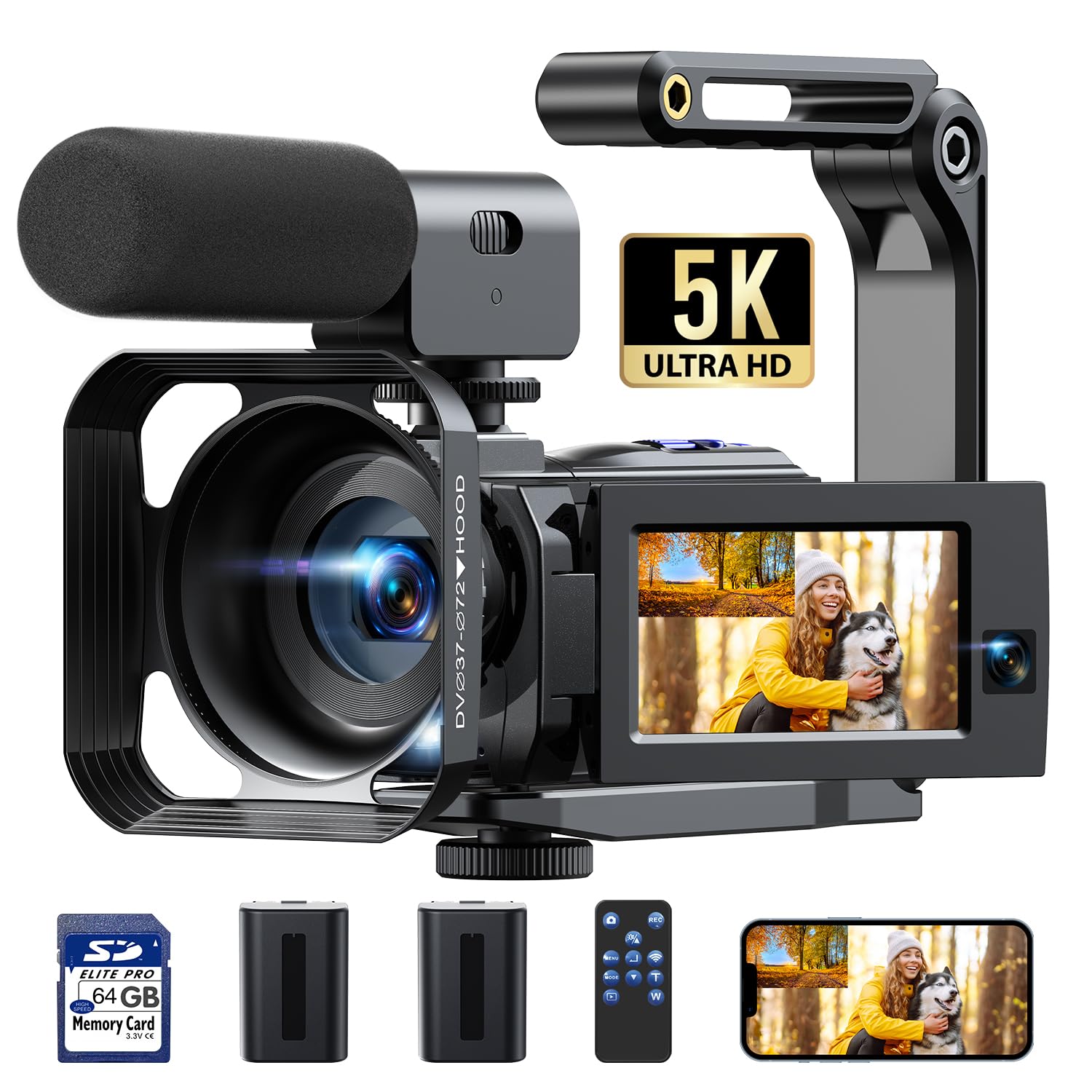 5K Video Camera Camcorder, 56MP Dual Lens Wifi IR Night Vision Vlogging Camera,16X Digital Zoom Touch Screen Camera, YouTube Camera Recorder with 64GB SD Card, Tripod, Remote Control, 2 Batteries