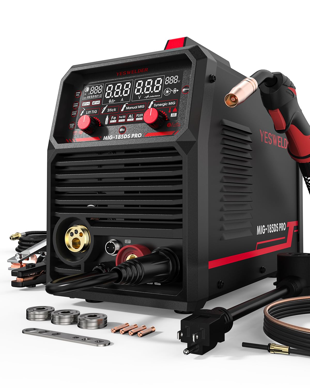 YESWELDER 185A MIG Welder, Flux Core MIG/Gas MIG/Spool Gun MIG/Lift TIG/Stick 5 in 1 Multi-process Aluminum Welding Machine, LED Digital Display Synergic Control 110V/220V Dual Voltage MIG-185DS PRO