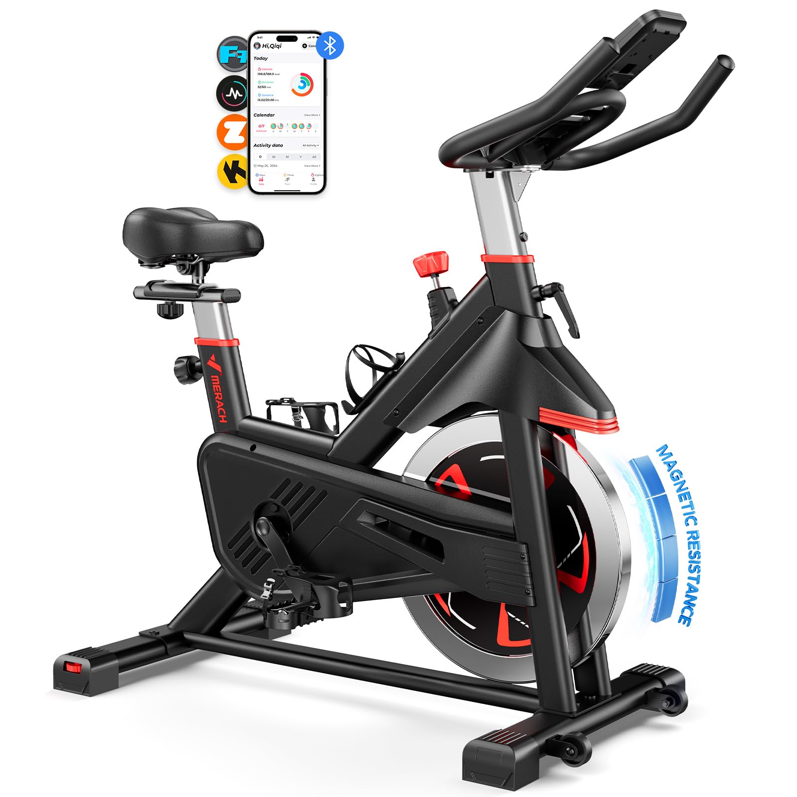MERACH Exercise Bike, Indoor Cycling Bike Brake Pad, Magnetic Stationary Bike with Exclusive App, 300lbs Cycle Bike with Comfortable Bike Seat Cushion and Tablet Mount for Home Weight Loss