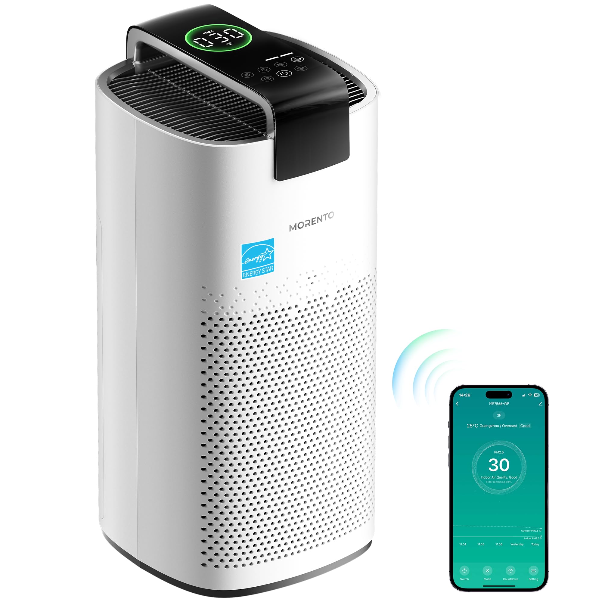 MORENTO Air Purifiers for Home Large Room Up to 2050 Ft² with PM 2.5 Air Quality Sensor, Smart WiFi and Sleep Mode, Hepa Filters Filter Airborne Particles, Handheld Home Air Purifier - White