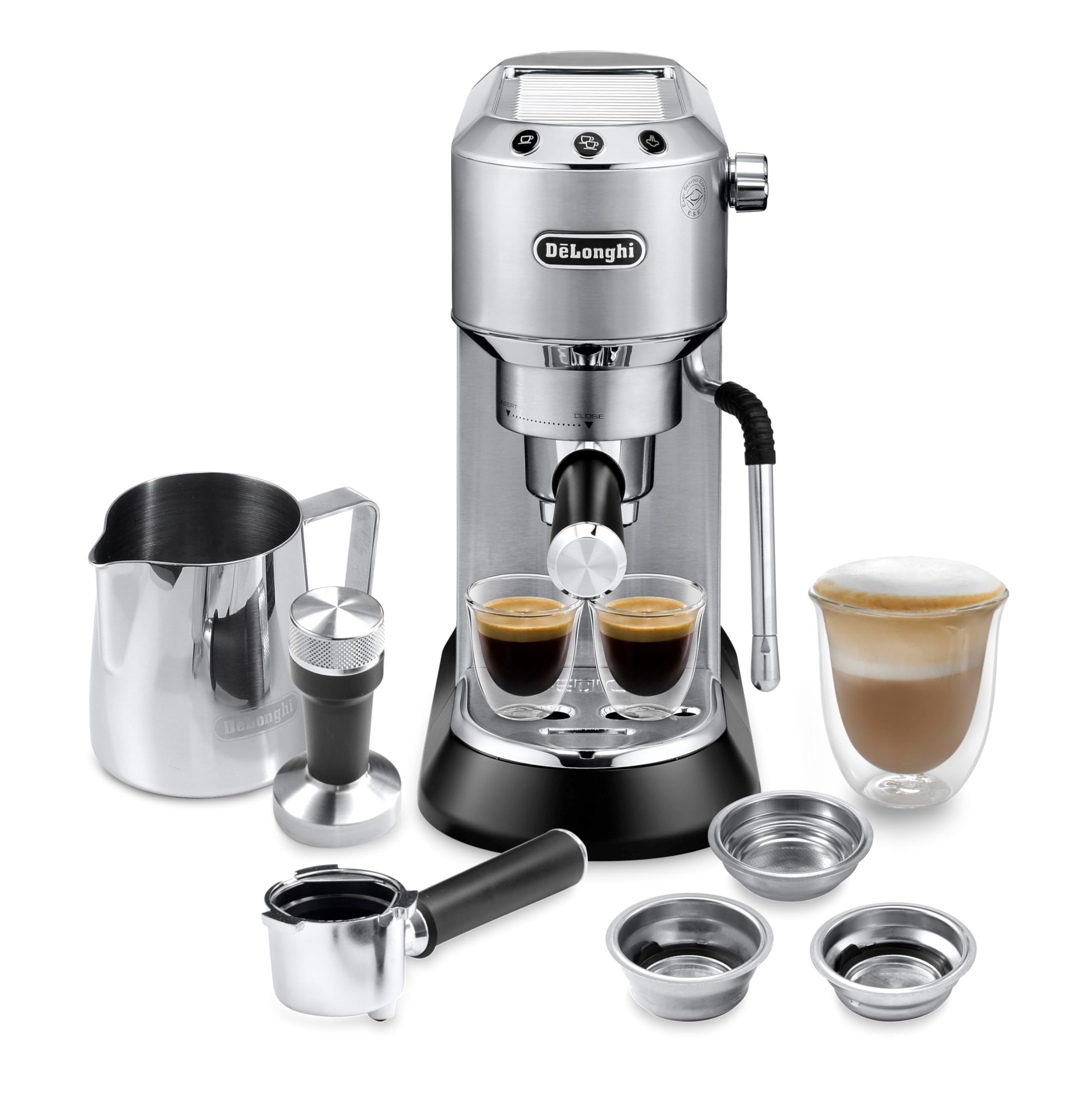De'Longhi Dedica Arte Espresso Machine with Manual Milk Frother for Espresso, Capuccino, Latte, 35 Ounce Water Tank, Silver, EC885M