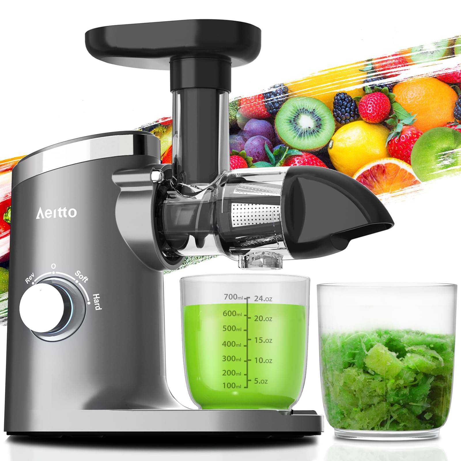 Aeitto Slow Masticating Juicer, Cold Press Jucier Machine with Soft & Hard Modes, Quiet Motor, Juicer Machines Vegetable and Fruit, Juice Extractor machine, Easy to Clean with Brush, Grey