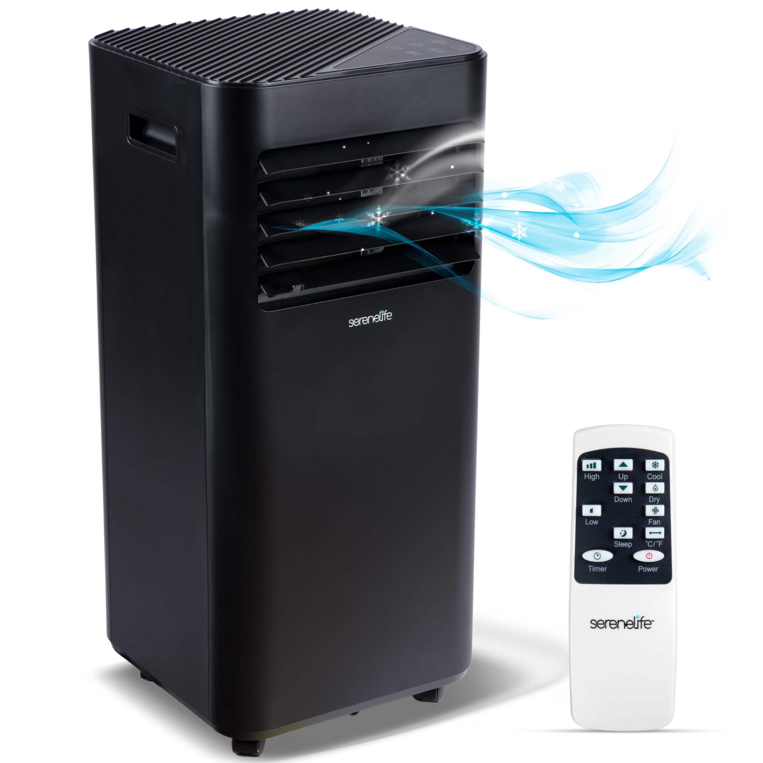 SereneLife 8000 BTU Portable Air Conditioner - 3-in-1 Portable AC Unit for Bedroom Up to 300 Sq.Ft, 24H Timer, Remote Control, Sleep Mode, Wheels, with Window Mount Kit, Black