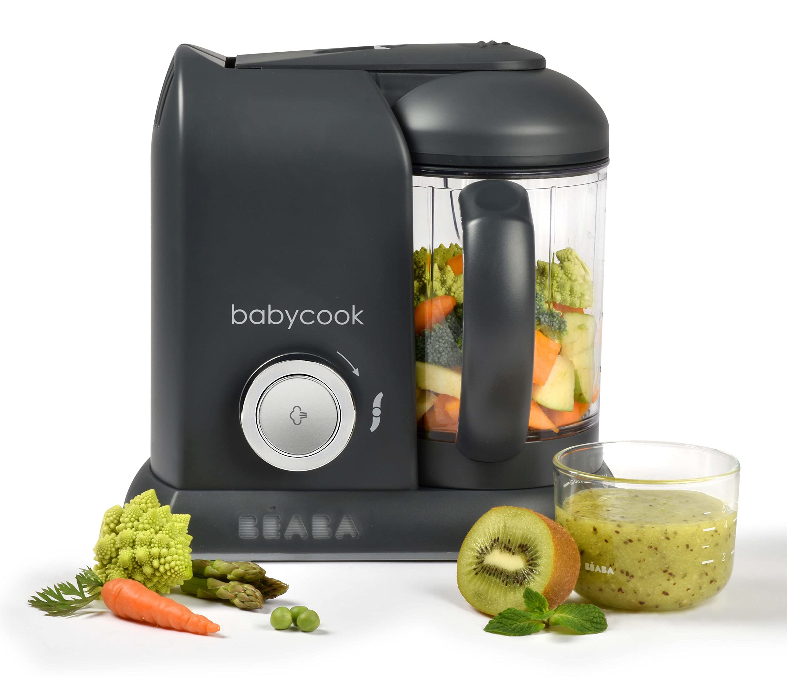 BEABA Babycook Solo 4 in 1 Baby Food Maker, Puree Steamer and Blender for Purees, Grinder with Auto Steam Cooking, Lrg Capacity 4.5 Cups 27 Servings in 20 Mins, Charcoal