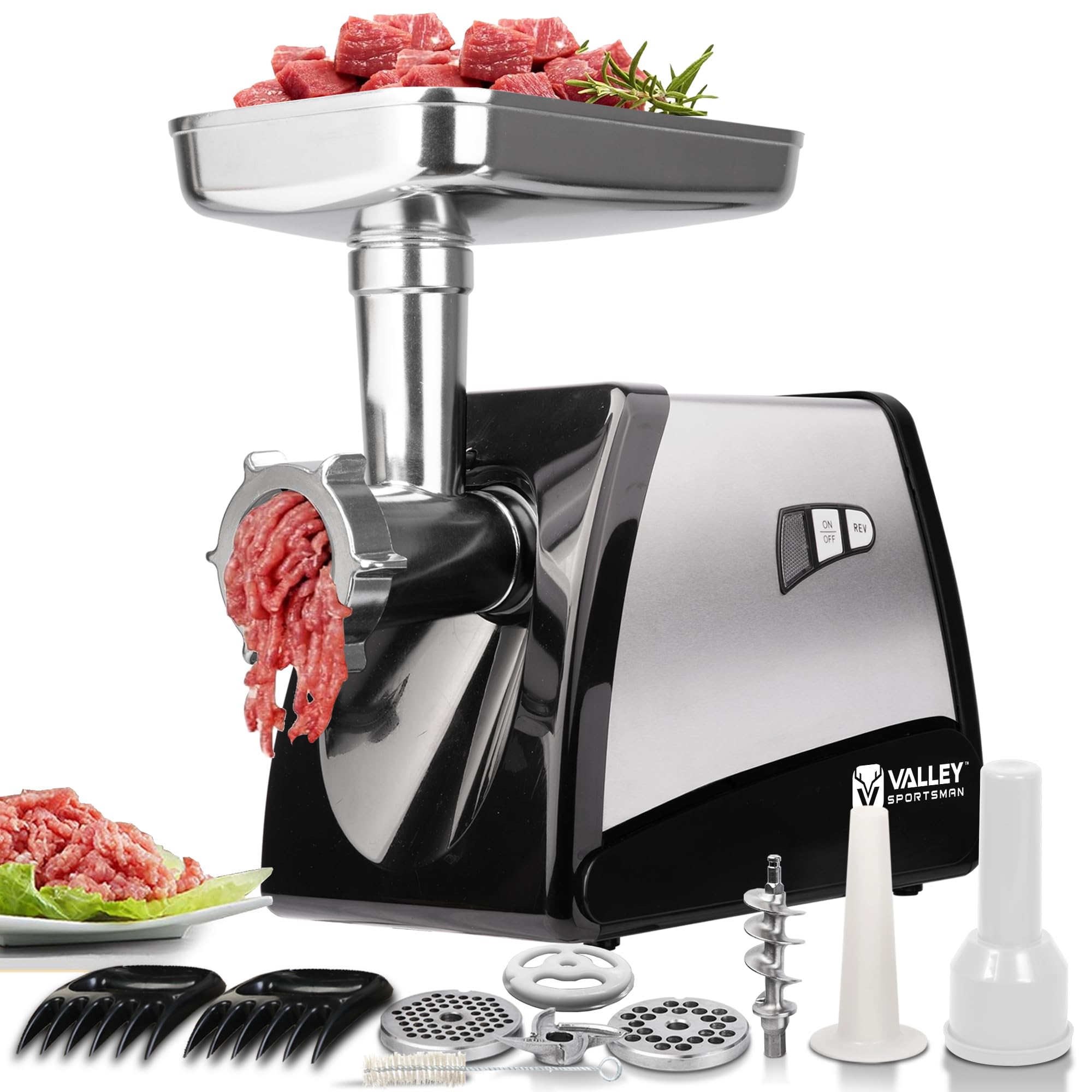 Valley Sportsman 2- in-1 Meat Grinder & Sausage Stuffer Machine, 0.75 HP Electric Meat Grinder with Blade, 575 Watt Sausage Maker, Meat Mincer with 3 Plates, Sausage Tube, 2 Meat Claws for Home Use