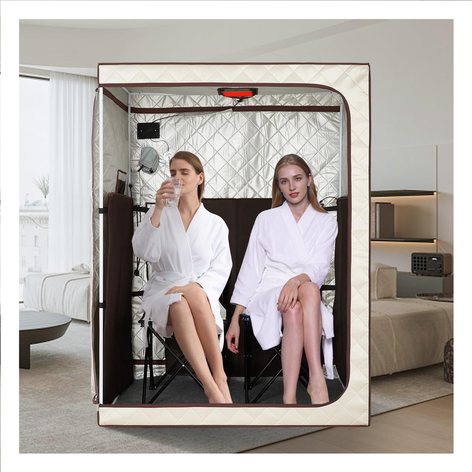 ZONEMEL Portable Personal Infrared Sauna for 2 Person,Full Body Sauna Tent for Relaxation & Detox,with 2 Foldable Chairs, Remote Control, Led Light(L47.2 x W35.4 x H63,Beige)
