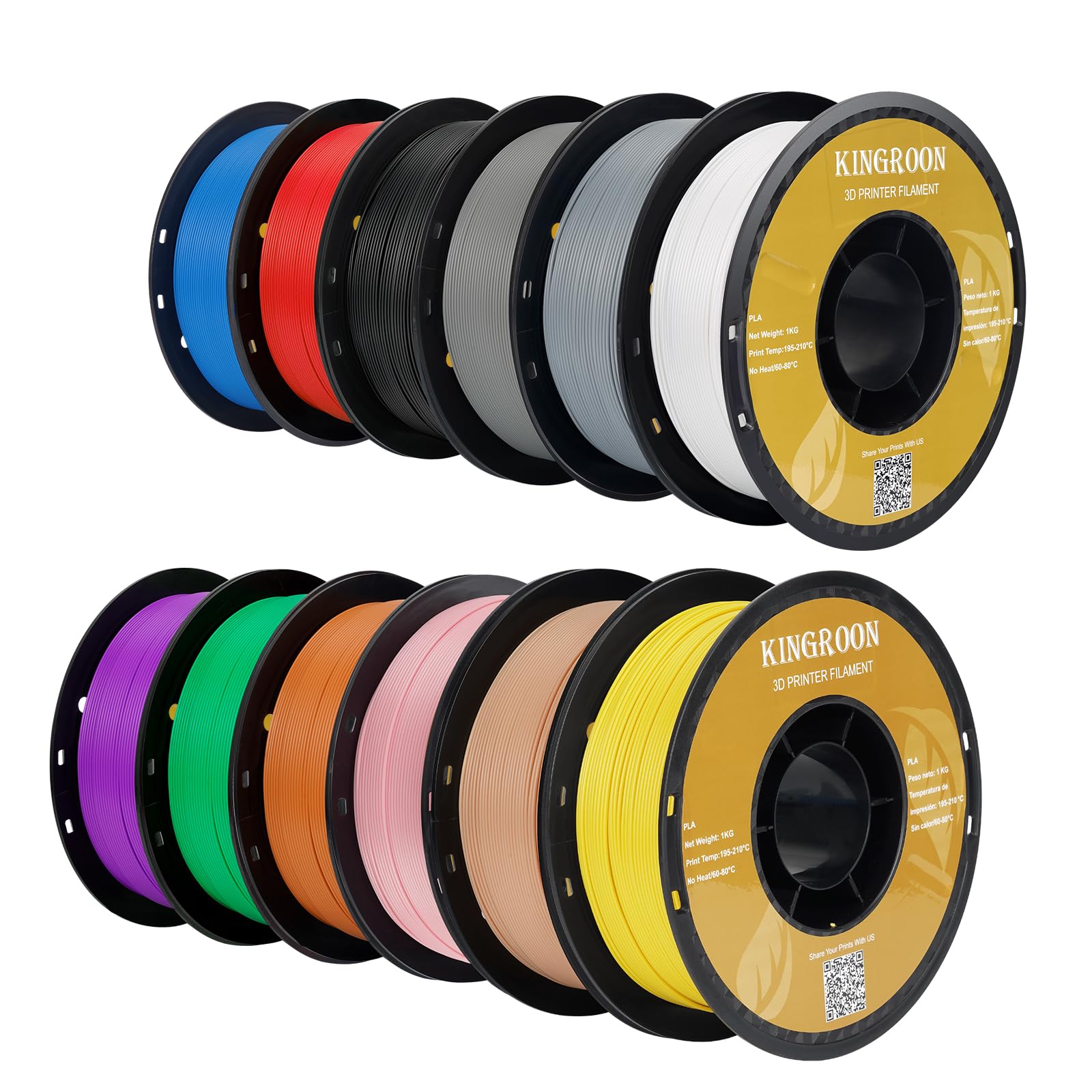Kingroon PLA 3D Printer Filament, 12Rolls, Dimensional Accuracy +/- 0.03 mm, 10kg Spool(22lbs), 1.75 mm，Black White Grey Red Green Yellow Purple Skin Blue Silver Pink Orange