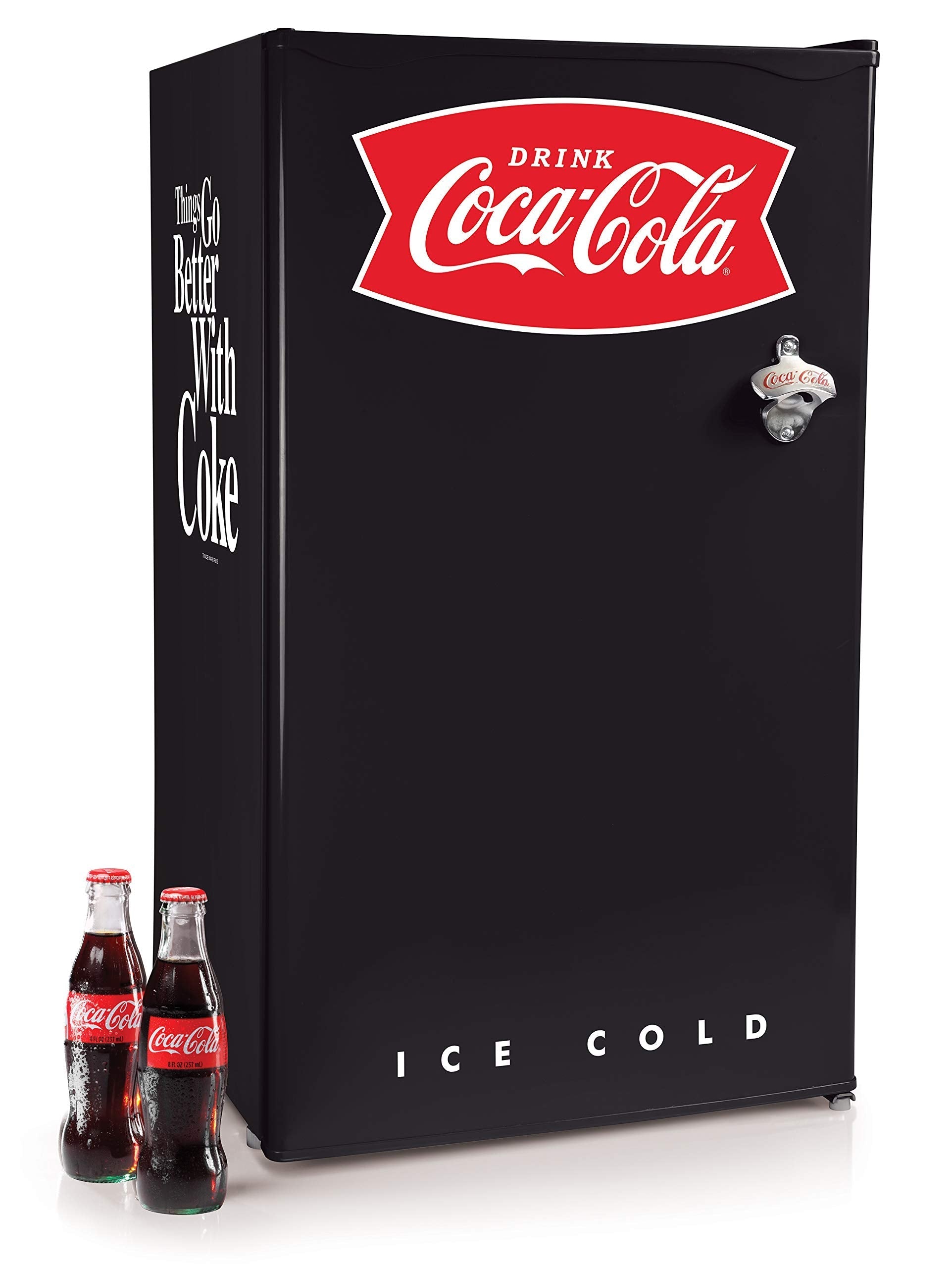 Igloo Coca-Cola 3.2 Cu. Ft. Refrigerator with Freezer, Adjustable Temperature Cools as Low as 32 Degrees, Bottle Opener, Ice Cube Tray, Scraper Included, Black
