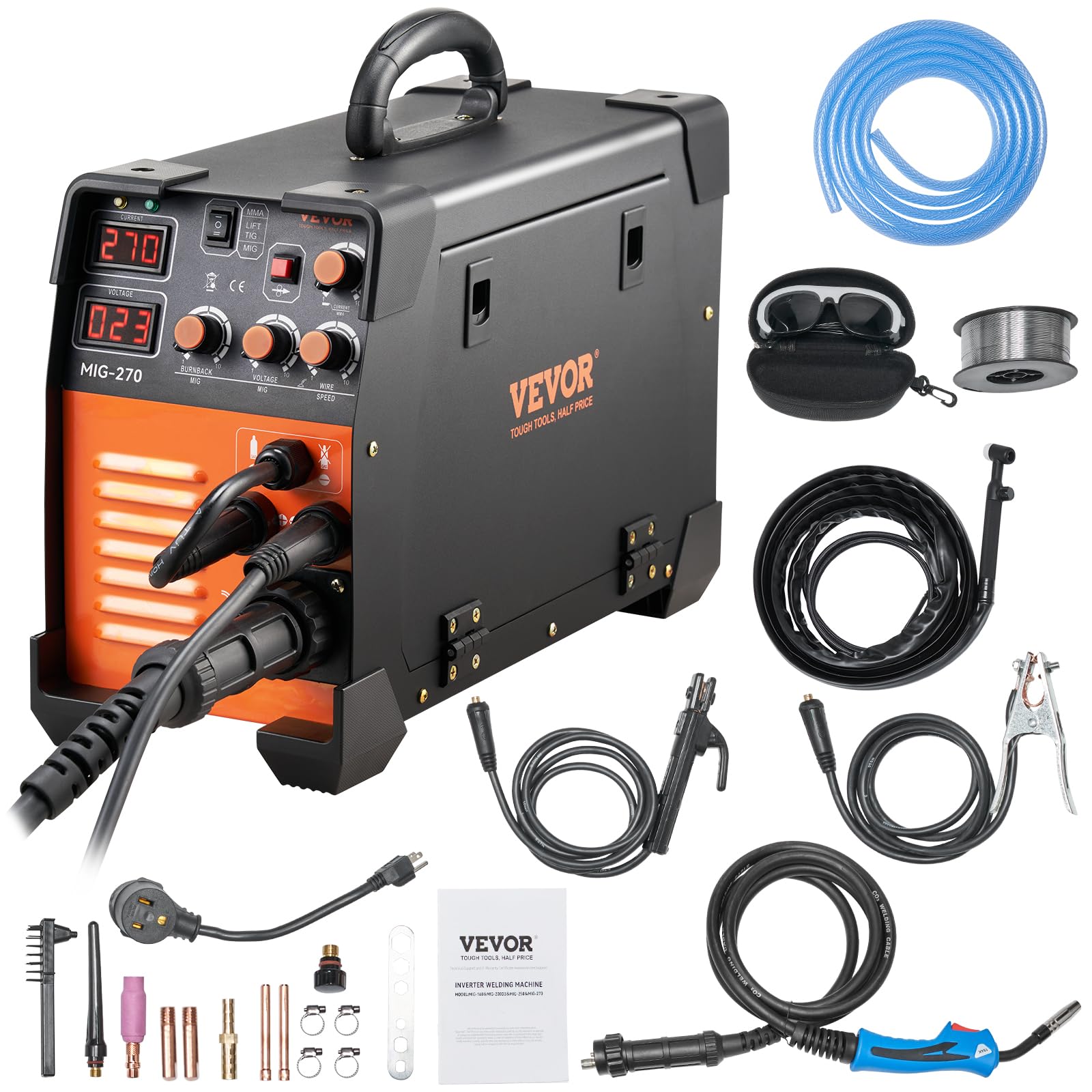 VEVOR MIG Welder, 3 in 1 270 Amp Welding Machine, 110 220V MIG Lift TIG Arc Welder, Portable Lift TIG Welder ARC Welder with IGBT DC Inverter, LCD Digital Display, Welder Torch and Welding Wire