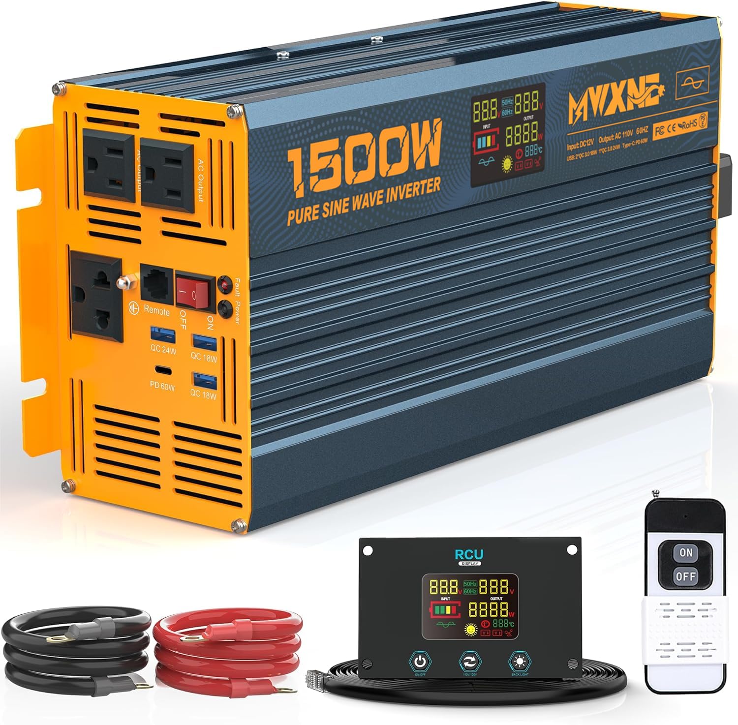 MWXNE 1500W/3000W(Peak) Power Inverter Pure Sine Wave DC 12V to 110V 120V AC Converter 3 AC Outlets Car Inverters with 4 USB Fast Charging Ports, LCD Display and Remote Controller for Truck RV