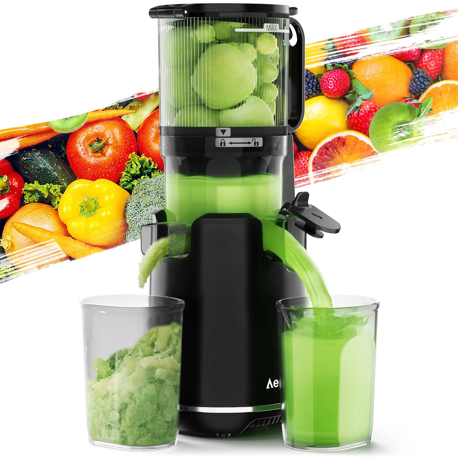 Aeitto Juicer Machines, Cold Press Juicer with 5.3" Wide Mouth, 250W Whole Fruit Juicer, Easy to Clean, 1.7L Large Capacity Masticating Juicer for Vegetable and Fruit, High Juice Yield, Black