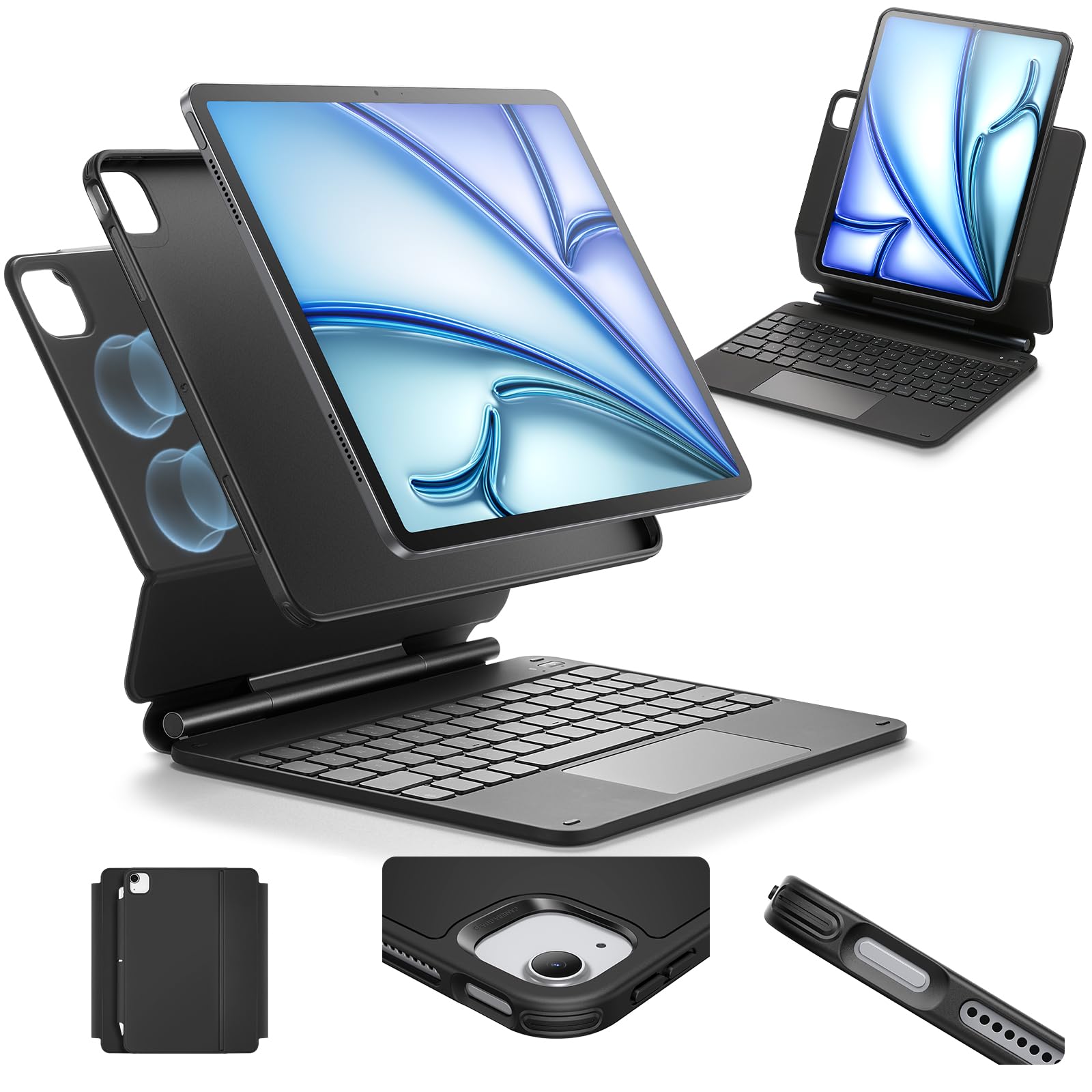 ESR iPad Air 11 Inch Case with Keyboard (M3/M2, 2025/2024) & iPad Pro 11/Air 5th/4th Gen Keyboard, Easy-Set Magnetic Stand, Portrait/Raised Modes, with Removable Protective Case, Black