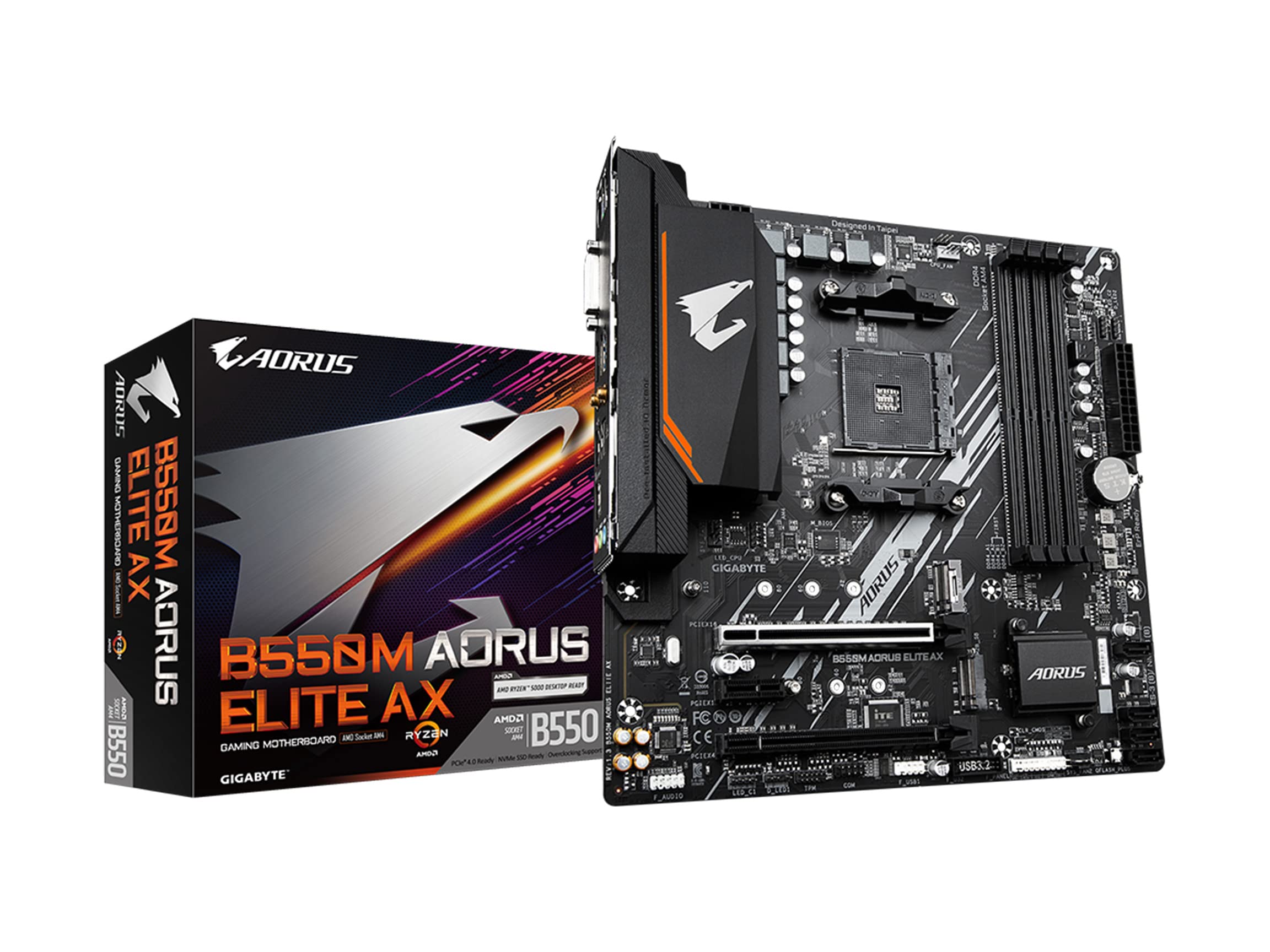 GIGABYTE B550M AORUS Elite AX (rev 1.3) Motherboard, Supports AMD AM4 Ryzen 5000 Processors, Micro-ATX, DDR4, Single M.2, SATA 6Gb/s, Realtek GbE LAN, PCIe 4.0