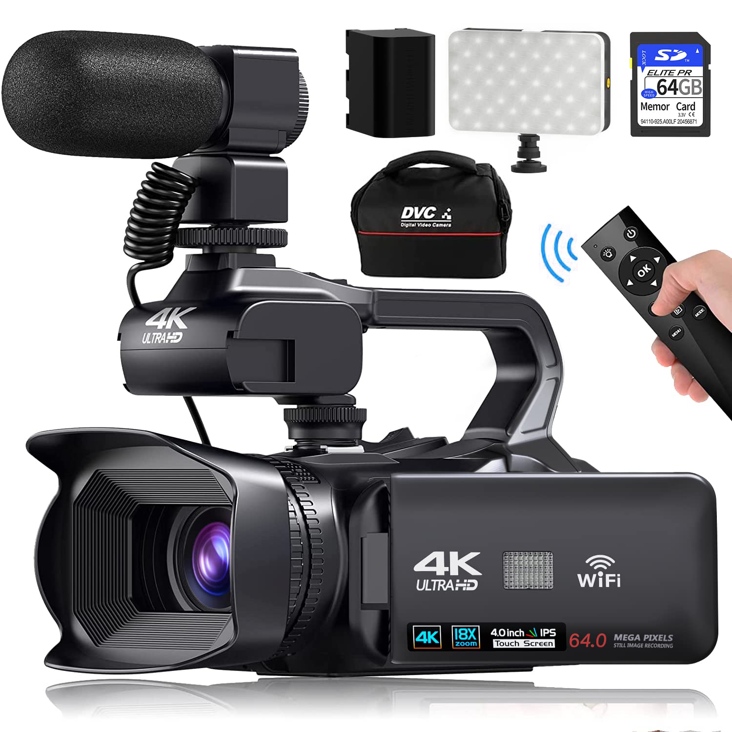VETEK Camcorders Video Camera 4K, Video Camera Auto Focus Vlogging Camera for YouTube 64MP 60FPS 4 Inch Touch Screen 18X Digital Zoom with WiFi, 64G SD Card, Fill Light, Remote Control, Battery