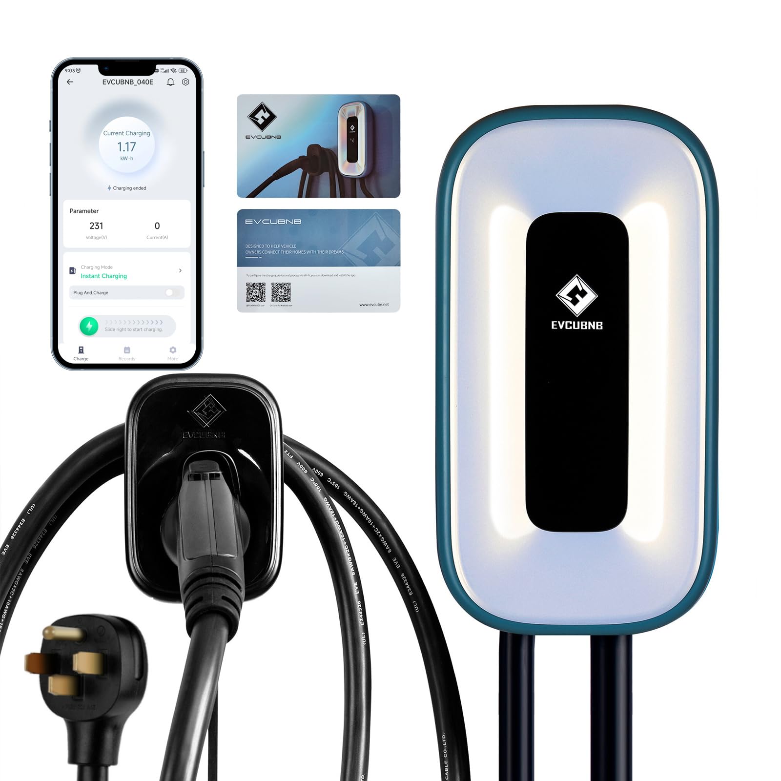 EVCUBNB EV Charger Level 2，50 Amp Charge Station, 240V Level 2 Charger,Indoor/Outdoor EVSE, 25Ft Cable Level 2 ev Charger, 2.4GWiFi/APP/RFID Card (NEMA14-50 Plug or Hardwired)